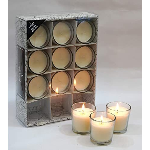 Ampliscent White Scented Glass Votive Candle - Set of 12 | Bulk Pack for Weddings, Bridal Showers or Home Parties and Centerpieces (Sandalwood)