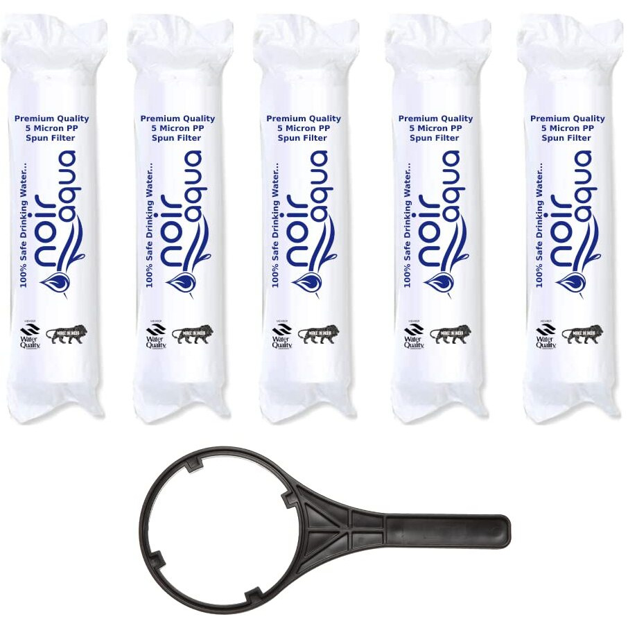 Noir Aqua - 5pcs PP Spun Filter + 1 Spanner | for All Types of RO Water purifiers (5 Piece, White, 10 Inch, 5 Micron) - Cartridge Sponge Replacement Water Filter Candle