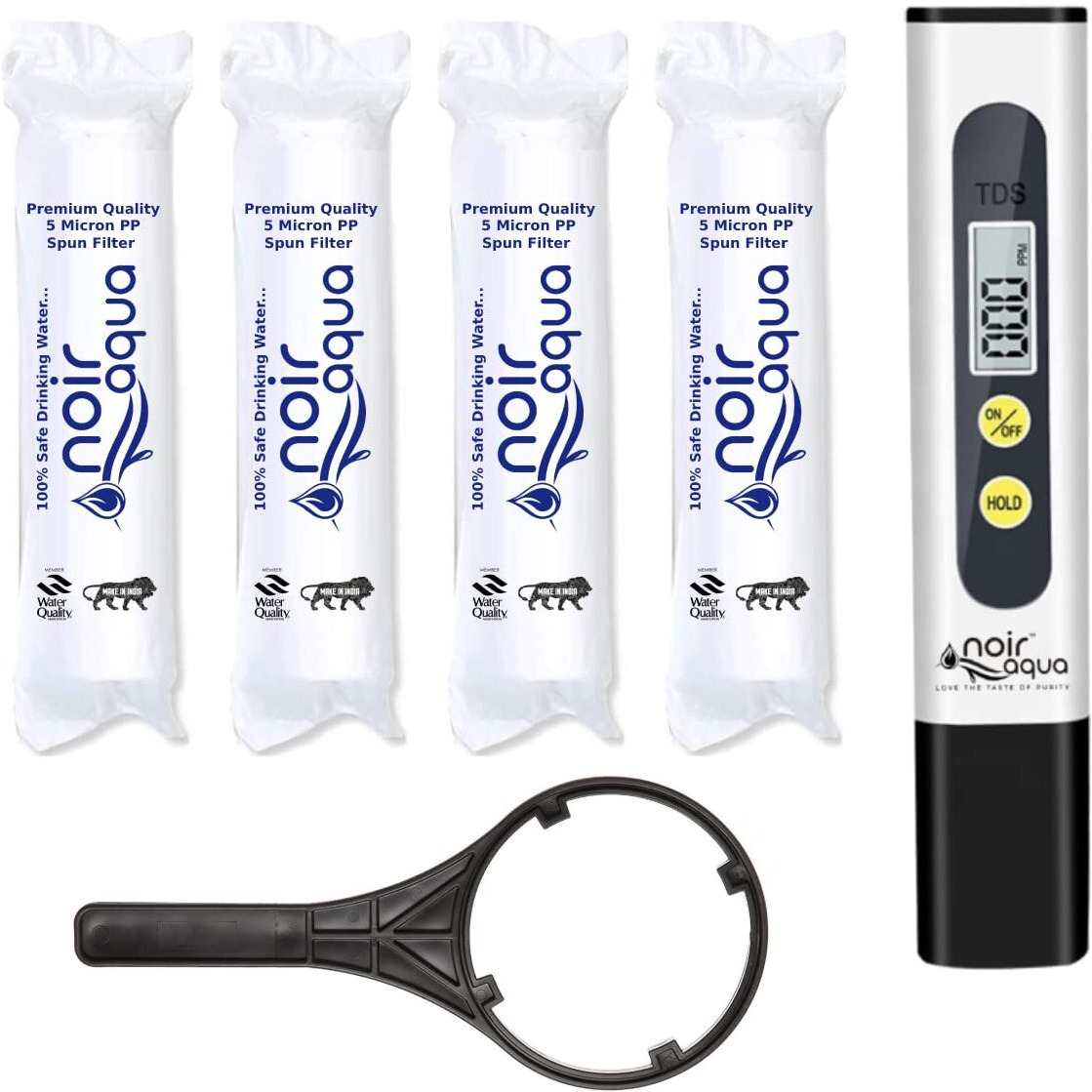 Noir Aqua 4pcs PP Spun Filter + TDS Meter + Spanner, | for All Types of RO Water purifiers (10 Inch, 5 Micron) - RO Spun Filter Cartridge Sponge Replacement Water Filter Candle