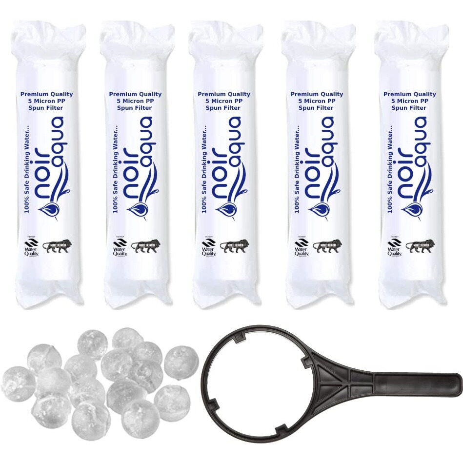 Noir Aqua 5 PP Spun Filter + 1 Free Spanner + 5 Antiscalent Balls | for All Type of RO Water purifiers - RO Spun Filter Cartridge Sponge Replacement Water Filter Candle