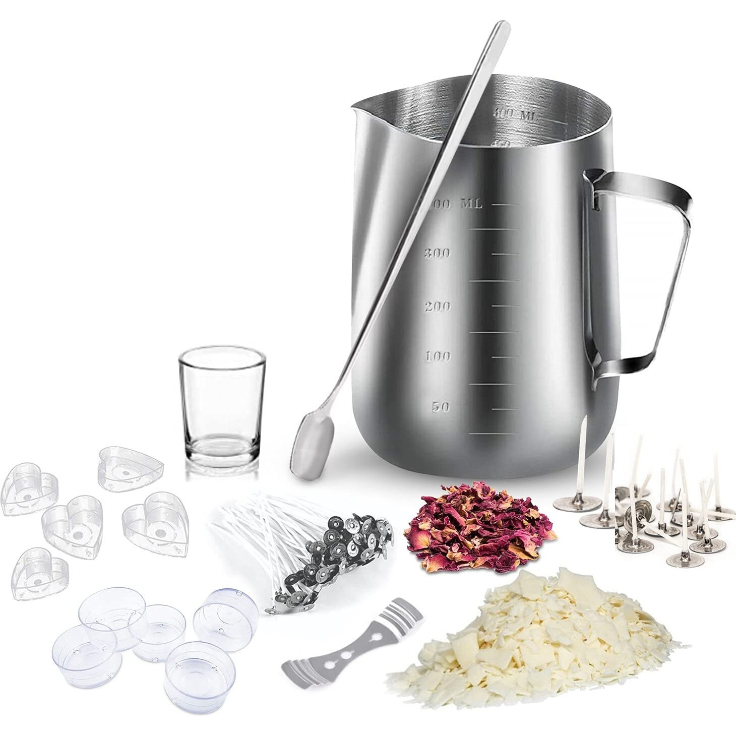 AuraDecor Candle Making Kit (Includes 1 Wax Pouring Kettle (400ml), 400 Gm Soy Wax, 5 Big Wicks,10 Small Wicks, 1 Stirring Spoon & 10 T-Light Cups,Dried Flowers,1 Glass, 1 Wick Holder), Silver