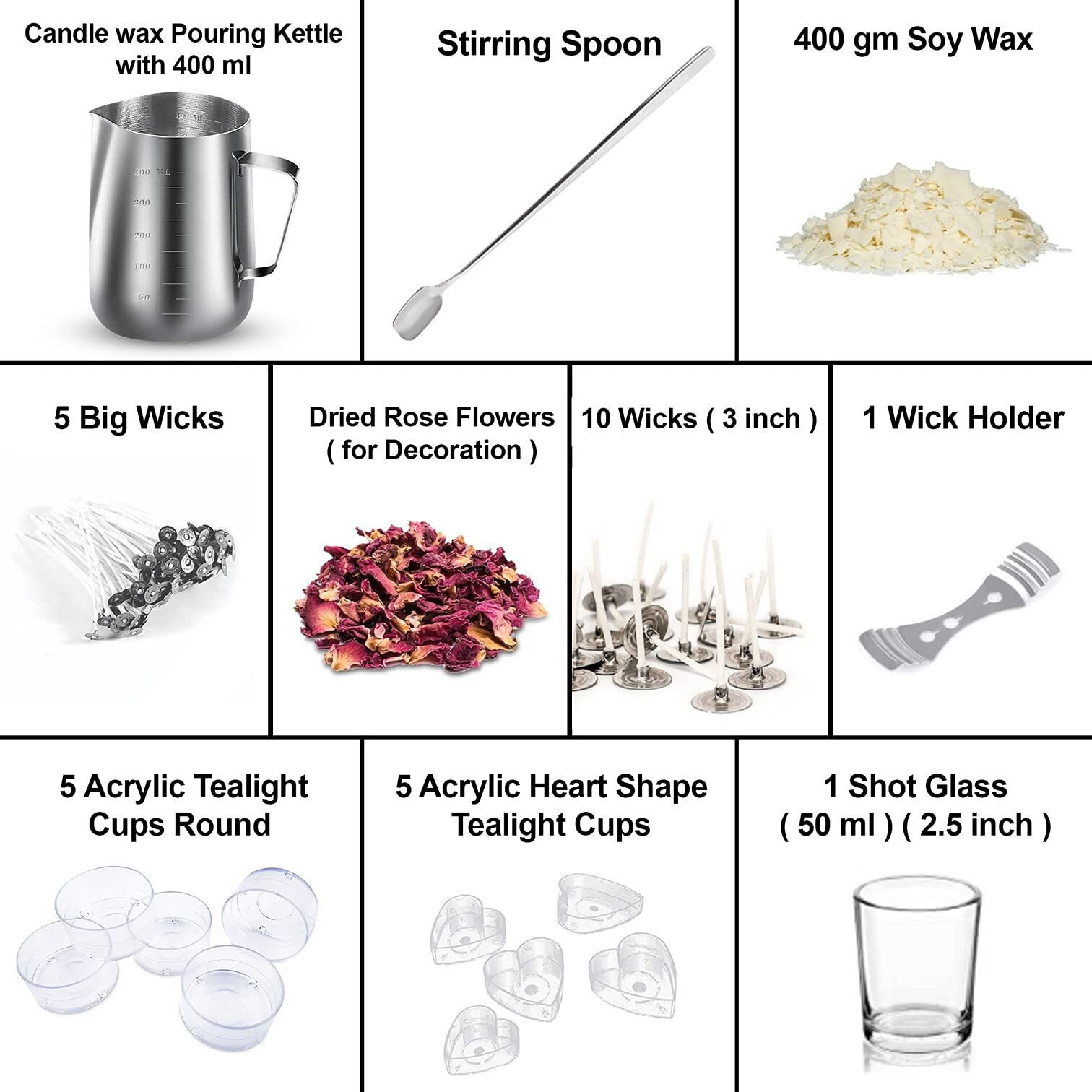 AuraDecor Candle Making Kit (Includes 1 Wax Pouring Kettle (400ml), 400 Gm Soy Wax, 5 Big Wicks,10 Small Wicks, 1 Stirring Spoon & 10 T-Light Cups,Dried Flowers,1 Glass, 1 Wick Holder), Silver