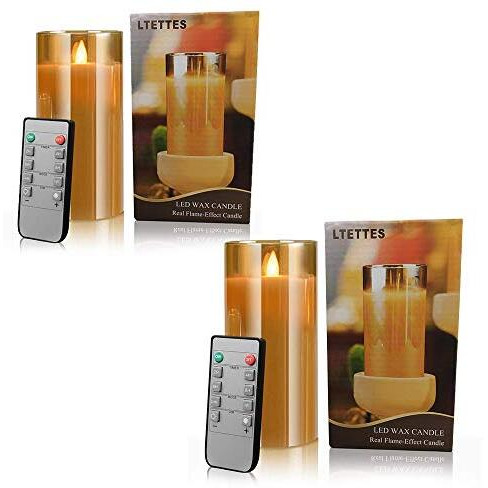 Pack 2 - LED Glass Cup Pillar Candle | Real Wax | Flameless Electric Candles with Flickering Faux Wick | Amber Color Glass | Battery Powered with Remote Controller for Home Decor (H-6 x D-3)