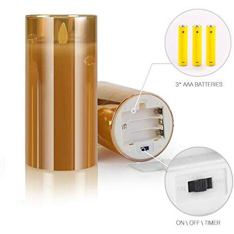 Pack 2 - LED Glass Cup Pillar Candle | Real Wax | Flameless Electric Candles with Flickering Faux Wick | Amber Color Glass | Battery Powered with Remote Controller for Home Decor (H-6 x D-3)