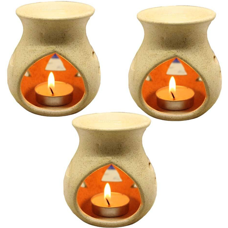 KC Kullicraft Beige Ceramic Aroma Diffuser Oil Burner Clay Lamp Wax Warmer Tea Light Holder for Home Dcor (Free 1 Candle Tea Light) - Pack of 3