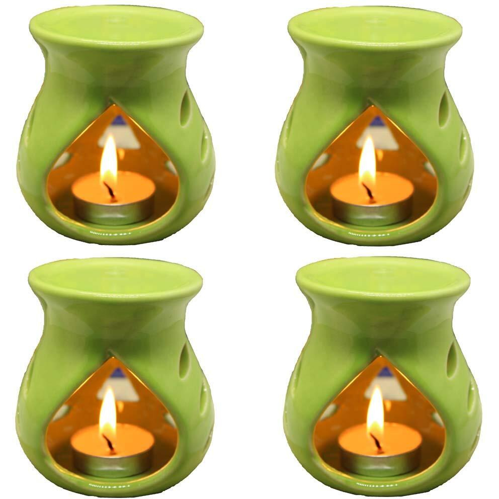 KC Kullicraft Green Ceramic Aroma Diffuser Oil Burner Clay Lamp Wax Warmer Tea Light Holder for Home Dcor (Free 1 Candle Tea Light) - Pack of 4