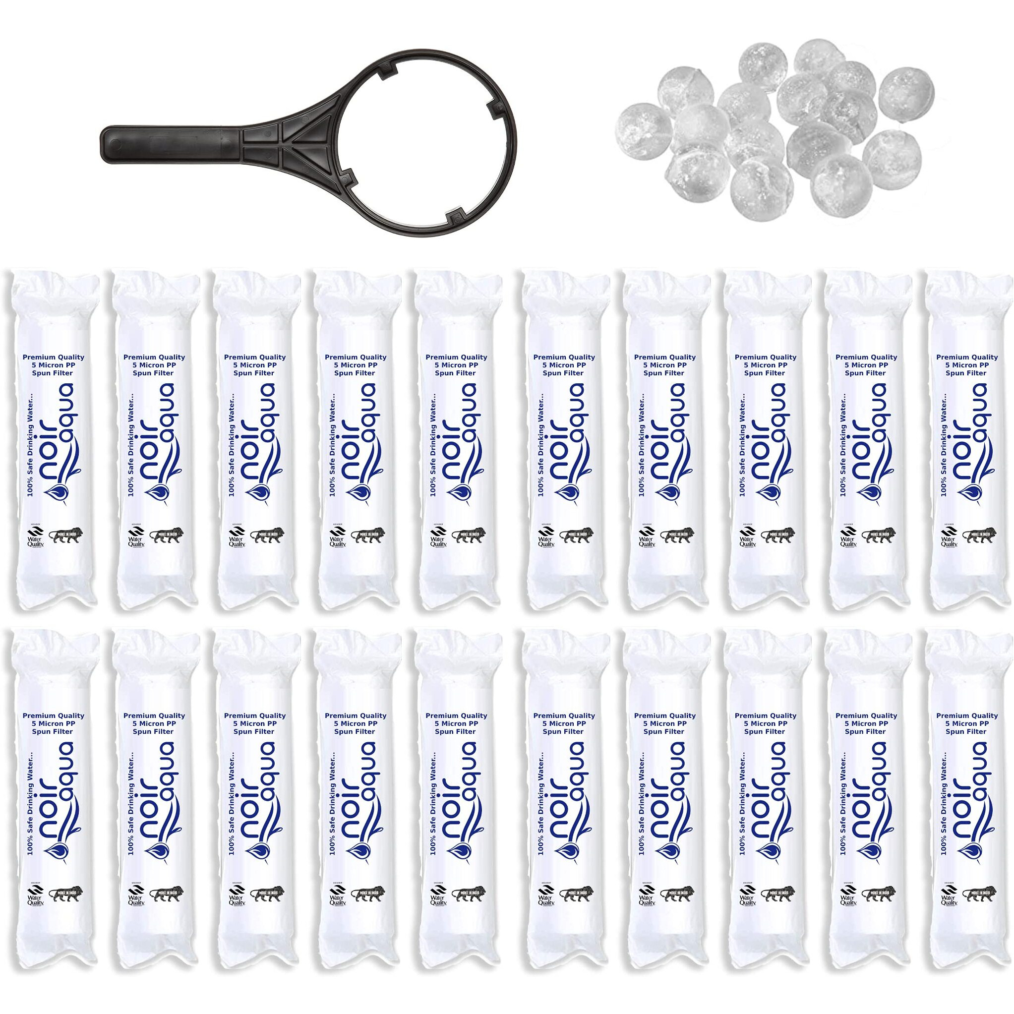 Noir Aqua - 20pcs PP Spun Filter + 1 Spanner + 4 Antiscalant Balls | for All Types of RO Water Purifiers - RO Spun Filter Cartridge Sponge Replacement Water Filter Candle