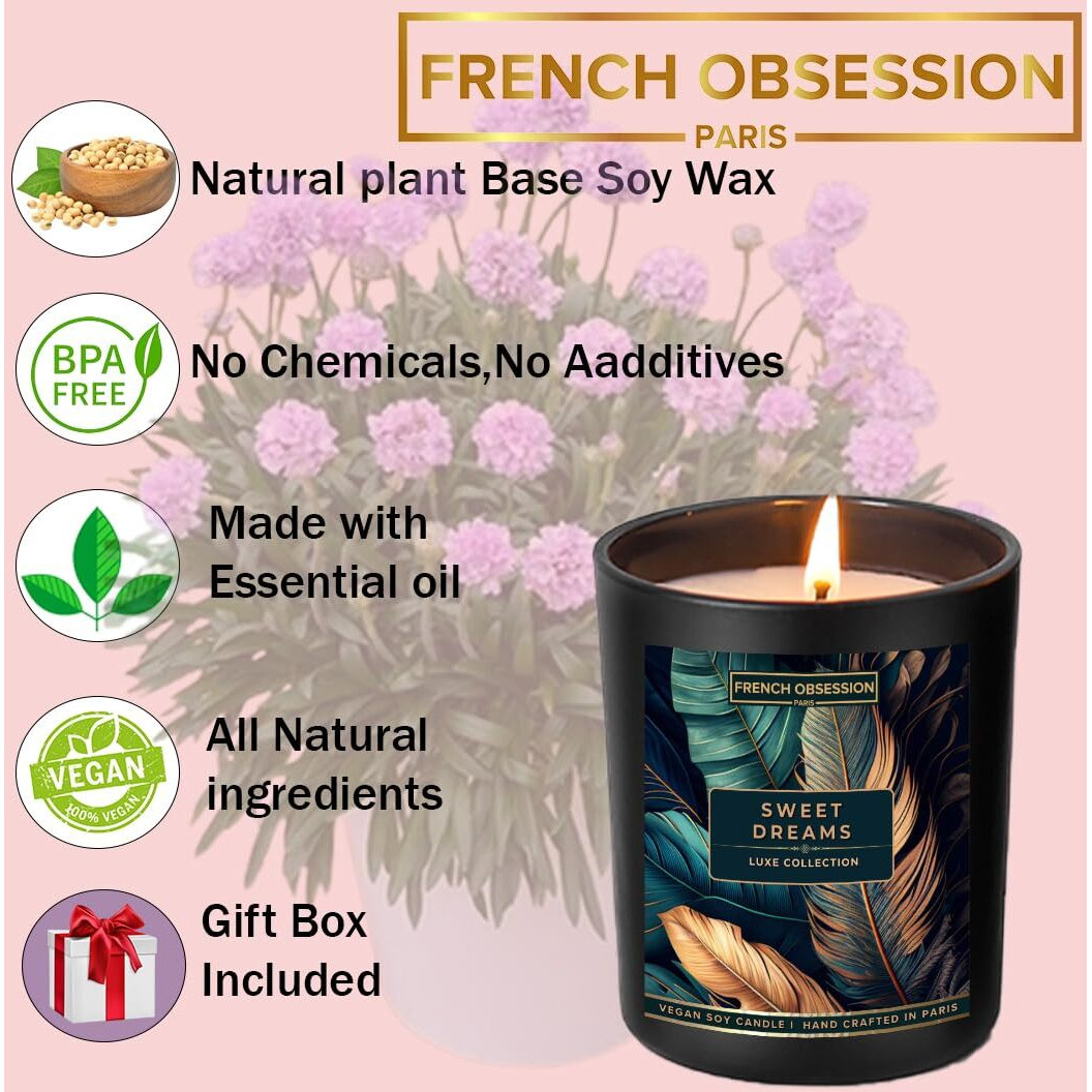 French Obsession Scented Candles for Home decor, Bedroom| Scented Candle Gift Set for Wife,Girl| 560gm| Burn 60+ Hrs | Aroma Therapy Candles| Fragrance Candles for Home | Sweet Dreams Scent