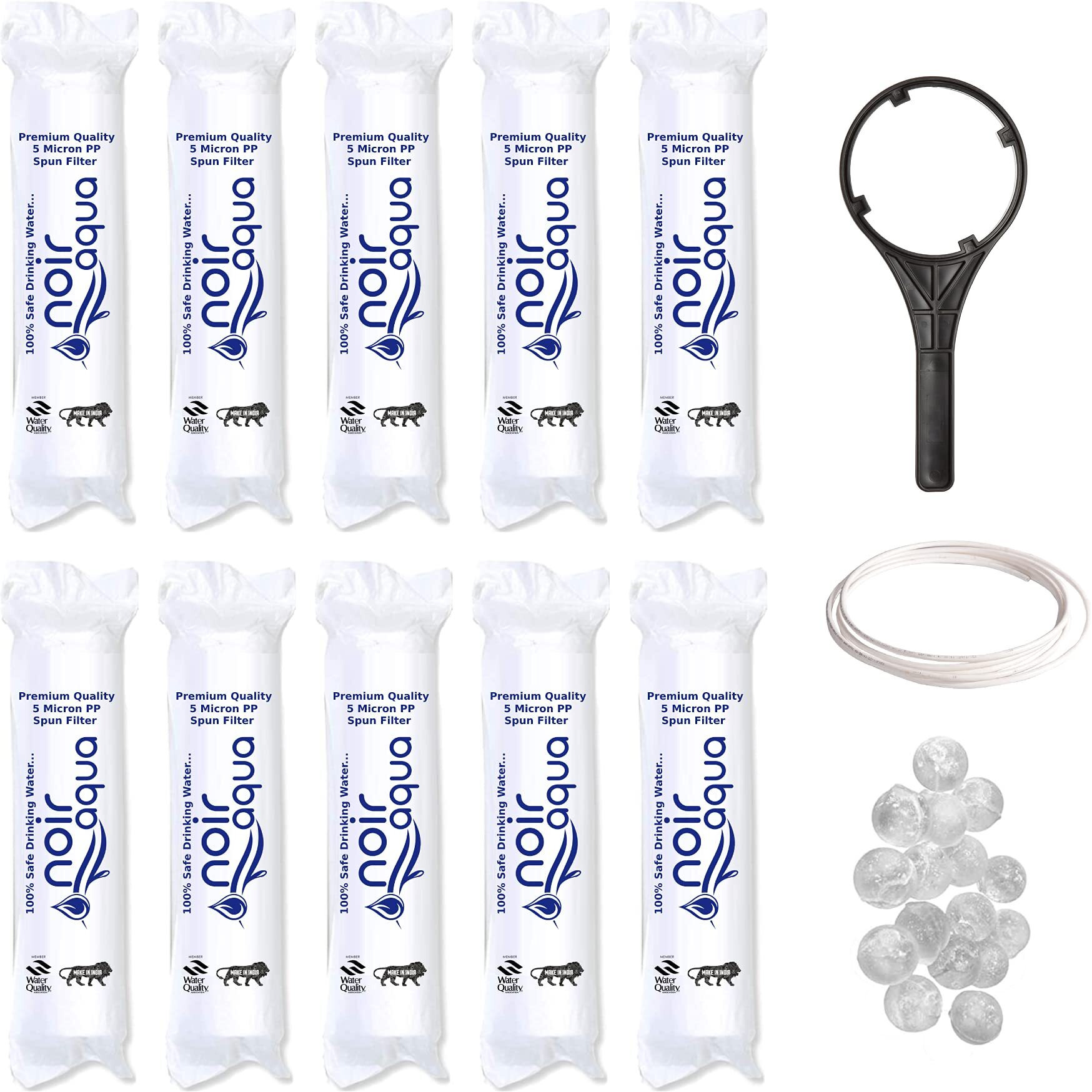 Noir Aqua PP 10pcs PP Spun Filter + 1 Spanner + 4 Antiscalant Balls + 2mtr Water Pipe | for All Types of RO Water Purifiers - RO Spun Filter Cartridge Sponge Replacement Water Filter Candle