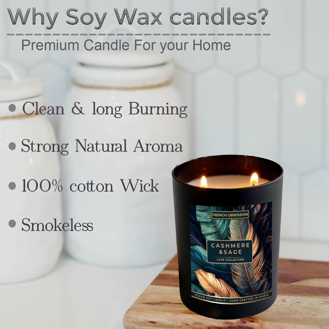 French Obsession Scented Candles for Home Decor, Bedroom| Scented Candle Gift Set for Wife,Girl| 560 gm| Burn 60+Hrs | Aroma Therapy Candles| Fragrance Candles for Home | Cashmere Sage