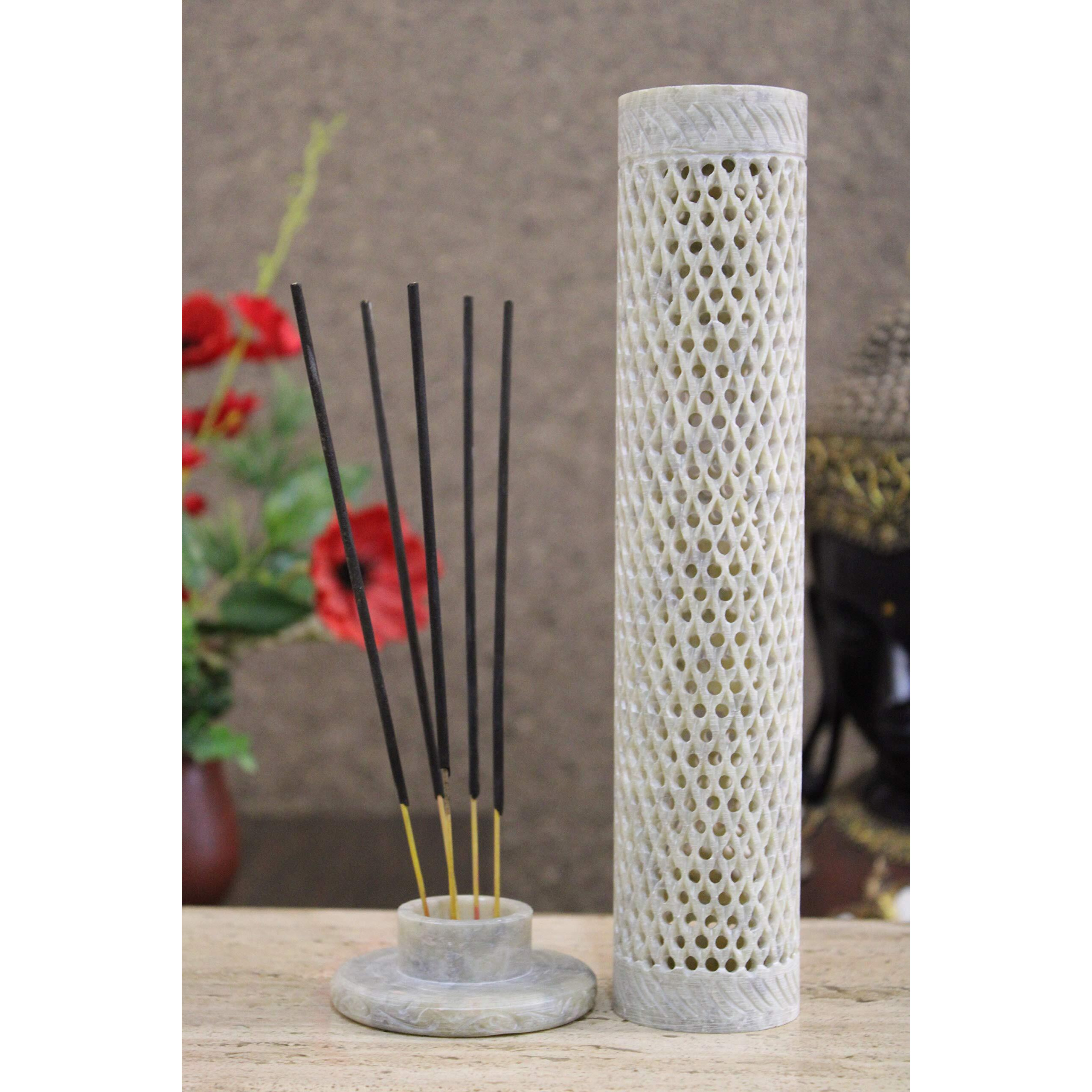KC KULLICRAFT Handcrafted Soapstone Marble Work Candle Incense Holder with 6 Incense Agarbatti Sticks of Chandon Fragrance