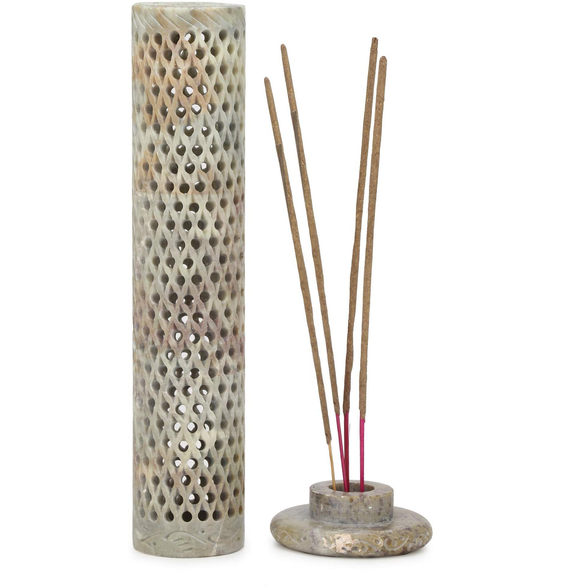 KC KULLICRAFT Handcrafted Soapstone Marble Work Candle Incense Holder with 6 Incense Agarbatti Sticks of Chandon Fragrance