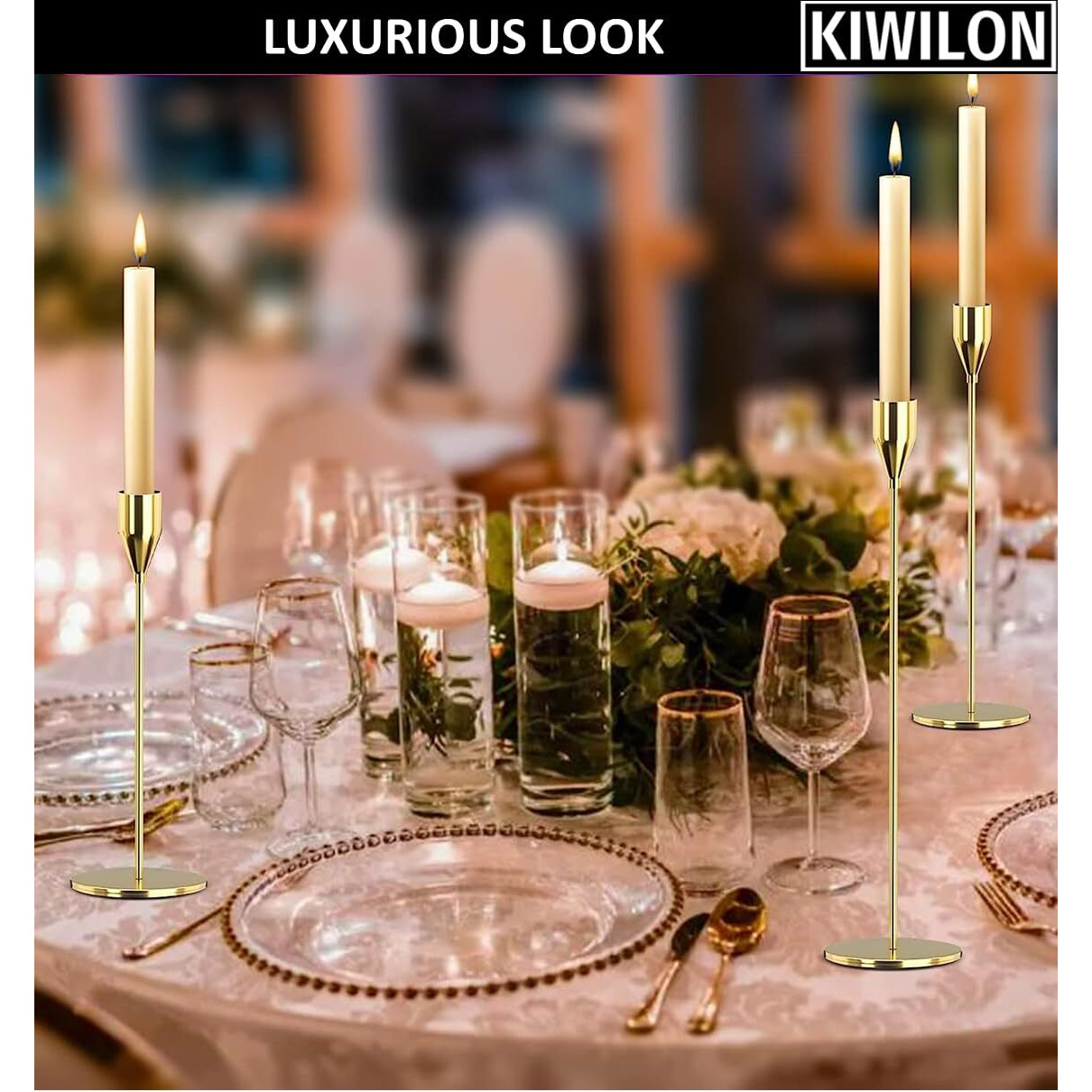 Kiwilon 3-in-1 Candle Holders - Gold | Golden Candle Stick Stand for Home Decoration | Ideal for Taper Candles, Candelabra | Fits 3/4 inch Thick Candles | Easy to Assemble & Elegant