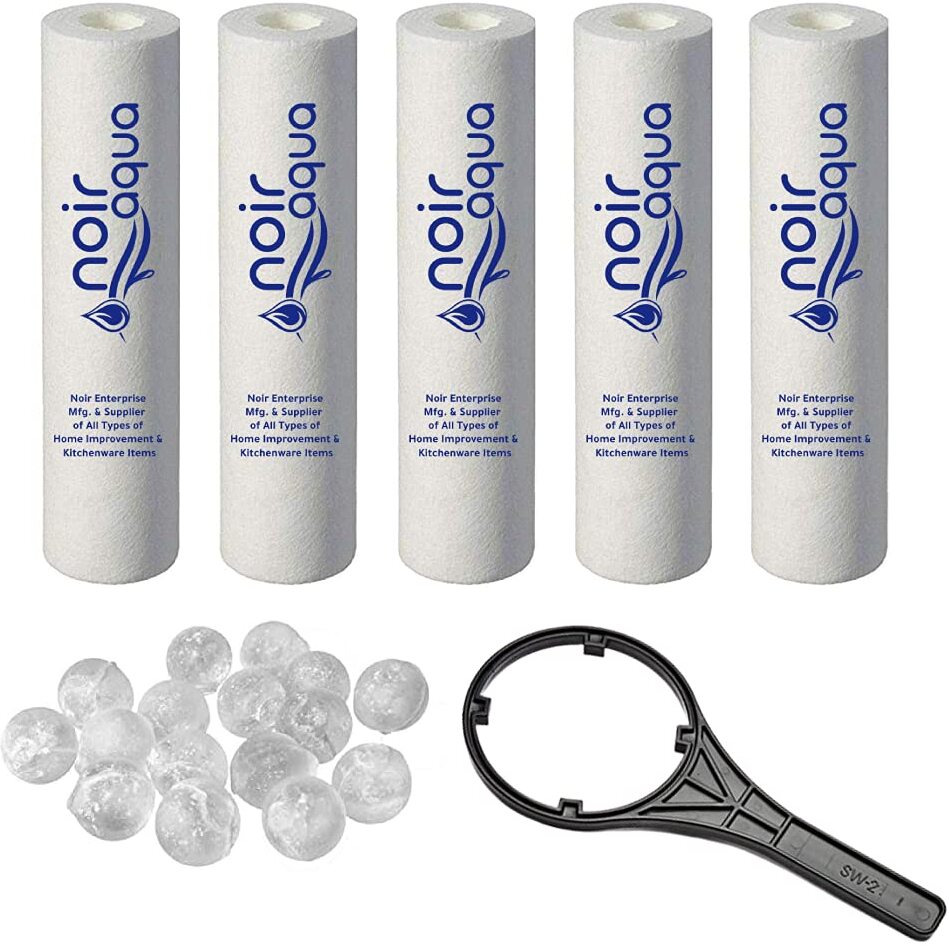 Noir Aqua 5pcs PP Spun Filter + 1 Spanner with 5pcs Antiscalant Balls for All Types of RO Water purifiers - RO Spun Filter Cartridge Sponge Replacement Water Filter Candle