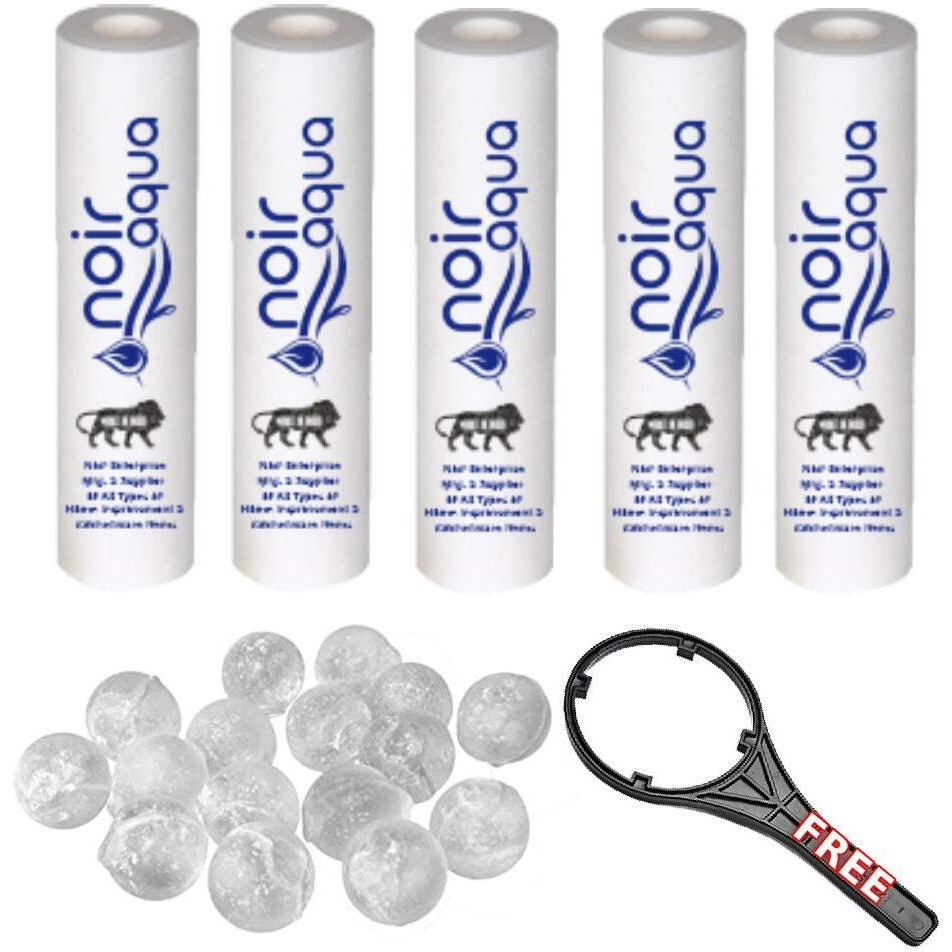 Noir Aqua - 5pcs PP Spun Filter + 1 Spanner + 25pcs Antiscalant Balls | for All Types of RO Water purifiers (10 Inch, 5 Micron) - RO Spun Filter Cartridge Sponge Replacement Water Filter Candle