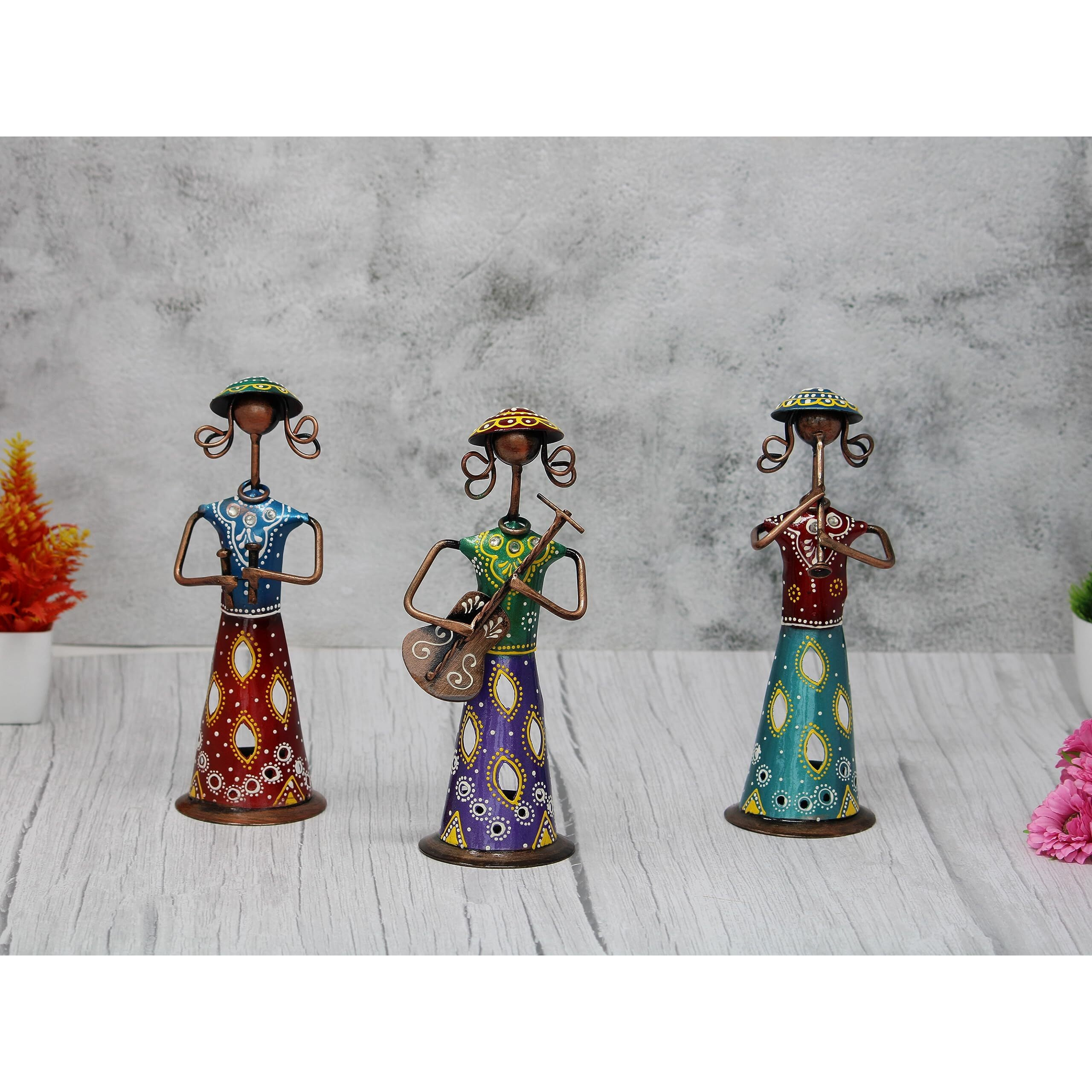 JH Gallery Handmade Handpainted Iron Tribal Musician Doll Tealight Candle Holder Traditional JH Gallery Handmade Handicraft Decorative Showpiece for Home Dcor (Length 3 inch *8.5 inch Height)