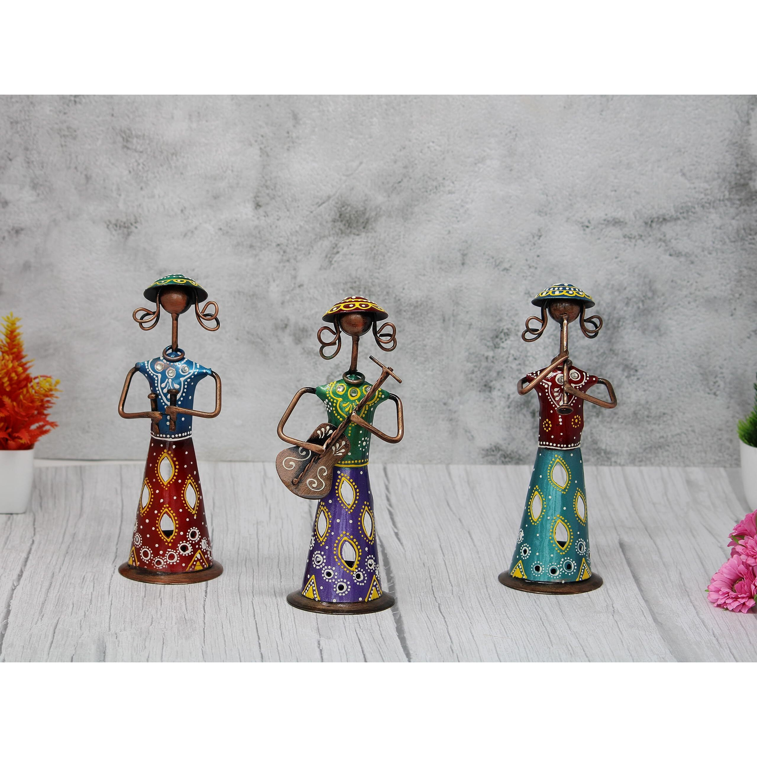 JH Gallery Handmade Handpainted Iron Tribal Musician Doll Tealight Candle Holder Traditional JH Gallery Handmade Handicraft Decorative Showpiece for Home Dcor (Length 3 inch *8.5 inch Height)