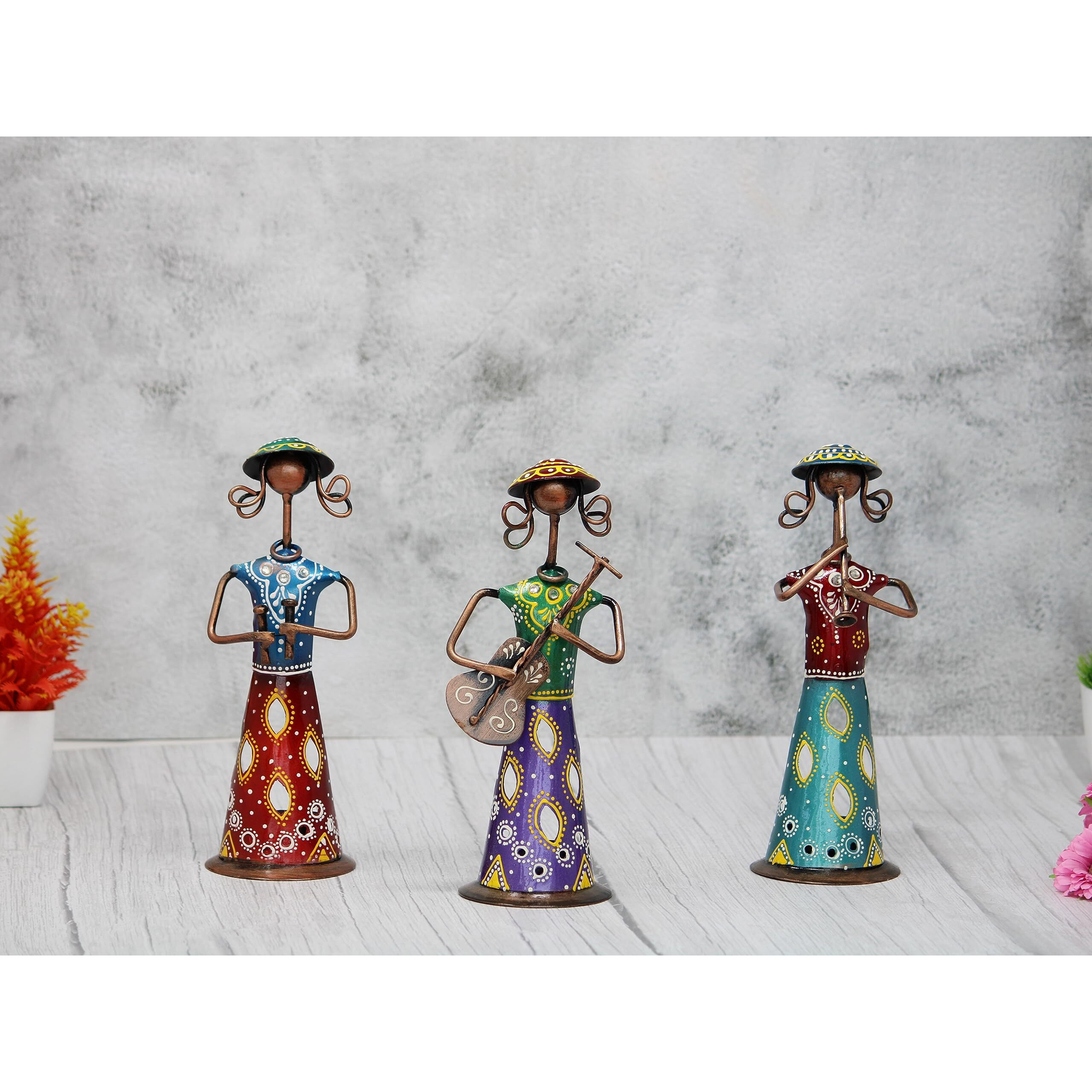 JH Gallery Handmade Handpainted Iron Tribal Musician Doll Tealight Candle Holder Traditional JH Gallery Handmade Handicraft Decorative Showpiece for Home Dcor (Length 3 inch *8.5 inch Height)