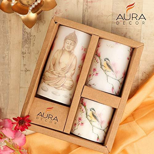 AuraDecor Unscented Pillar Candle Set of 3 (3inch*3inch, 3inch*4inch, 3inch*6inch) || Unscented || Long Burning || Gift Set || Set of 3 || Pillar Candle. (Buddha)