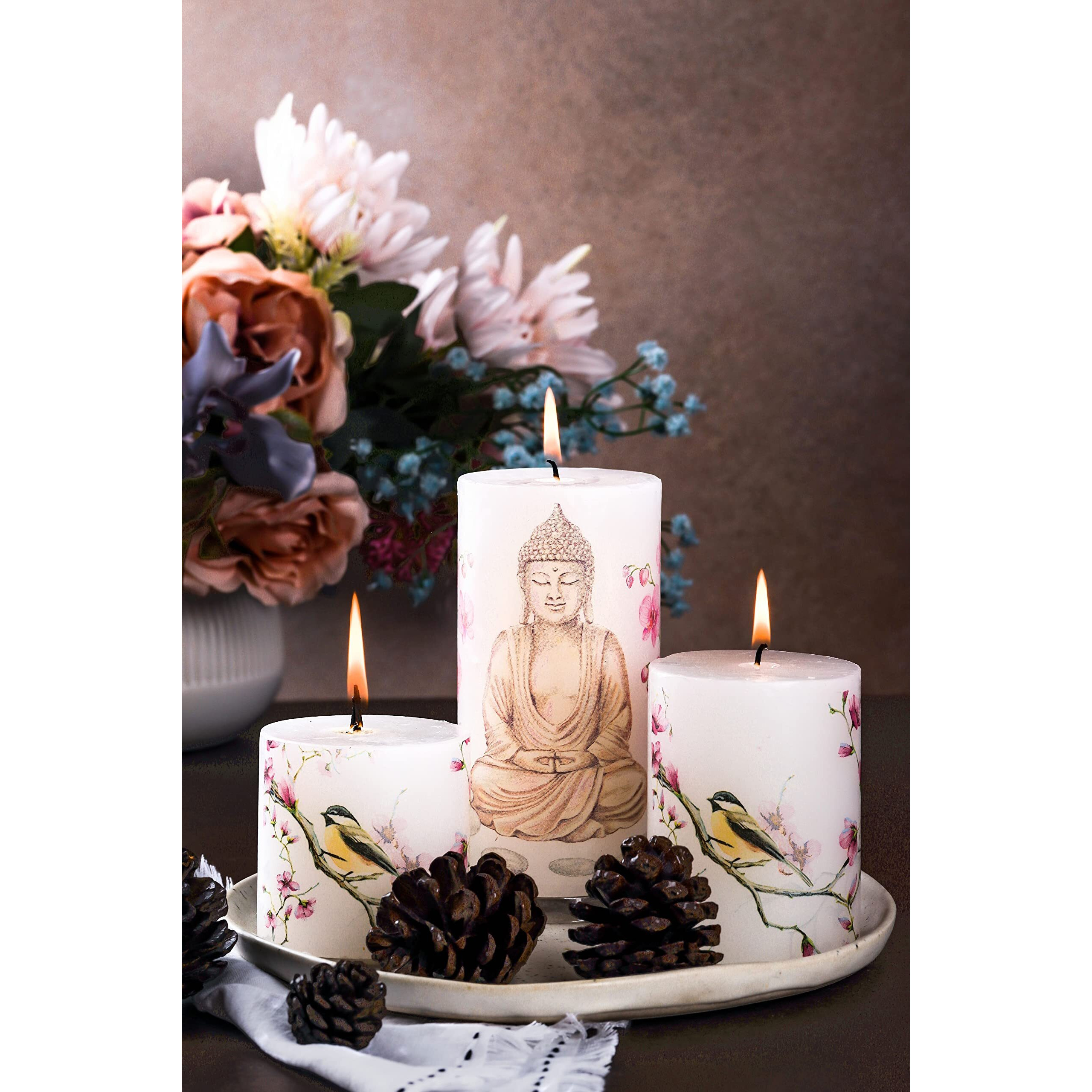 AuraDecor Unscented Pillar Candle Set of 3 (3inch*3inch, 3inch*4inch, 3inch*6inch) || Unscented || Long Burning || Gift Set || Set of 3 || Pillar Candle. (Buddha)
