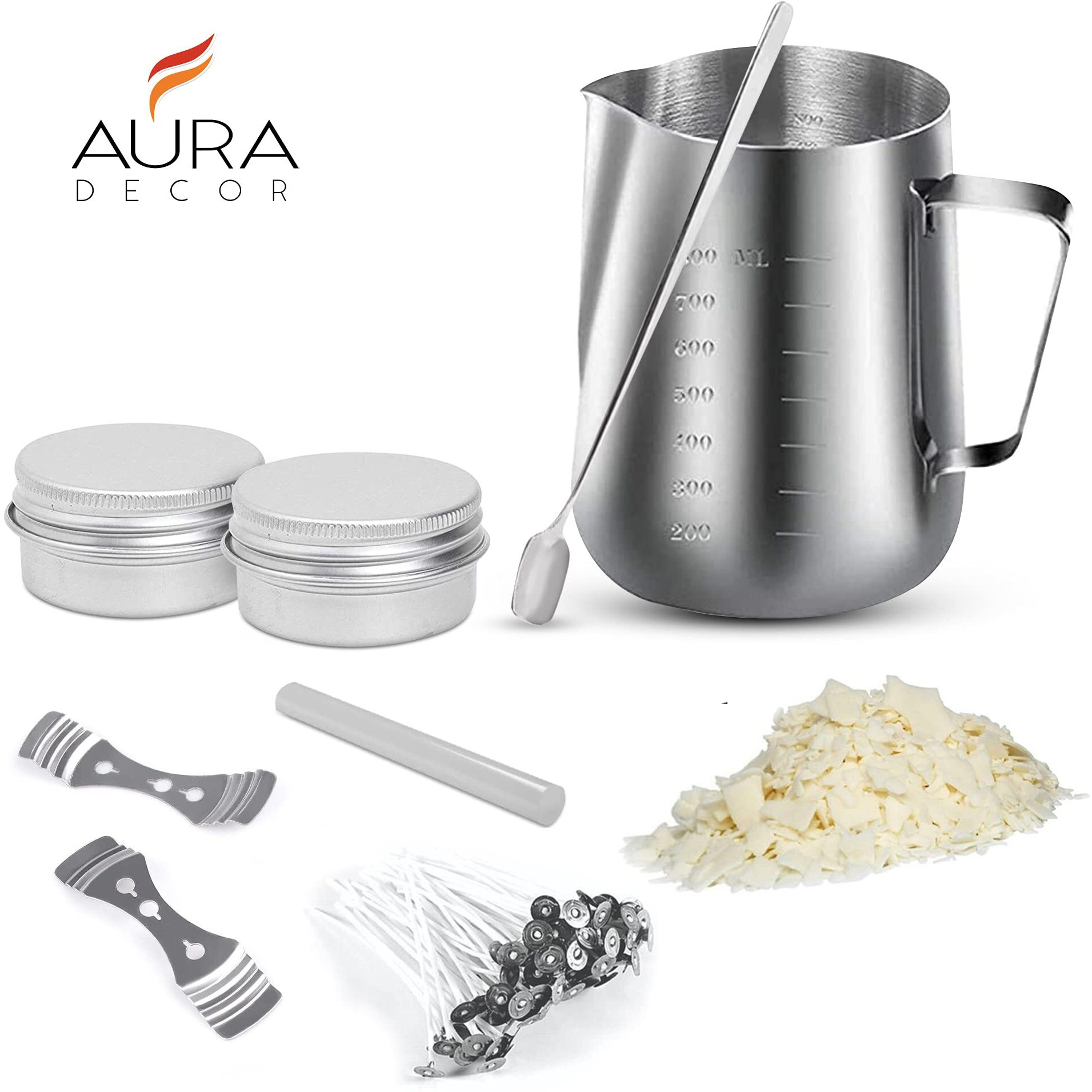 AuraDecor Candle Making Kit Includes 1 Wax Pouring Kettle (800ml),1/2 Kg Soy Wax, 20 Wick (3 inch),1 Glue Stick, 1 Stirring Spoon & 2 Containers & 2 Wick Holders)
