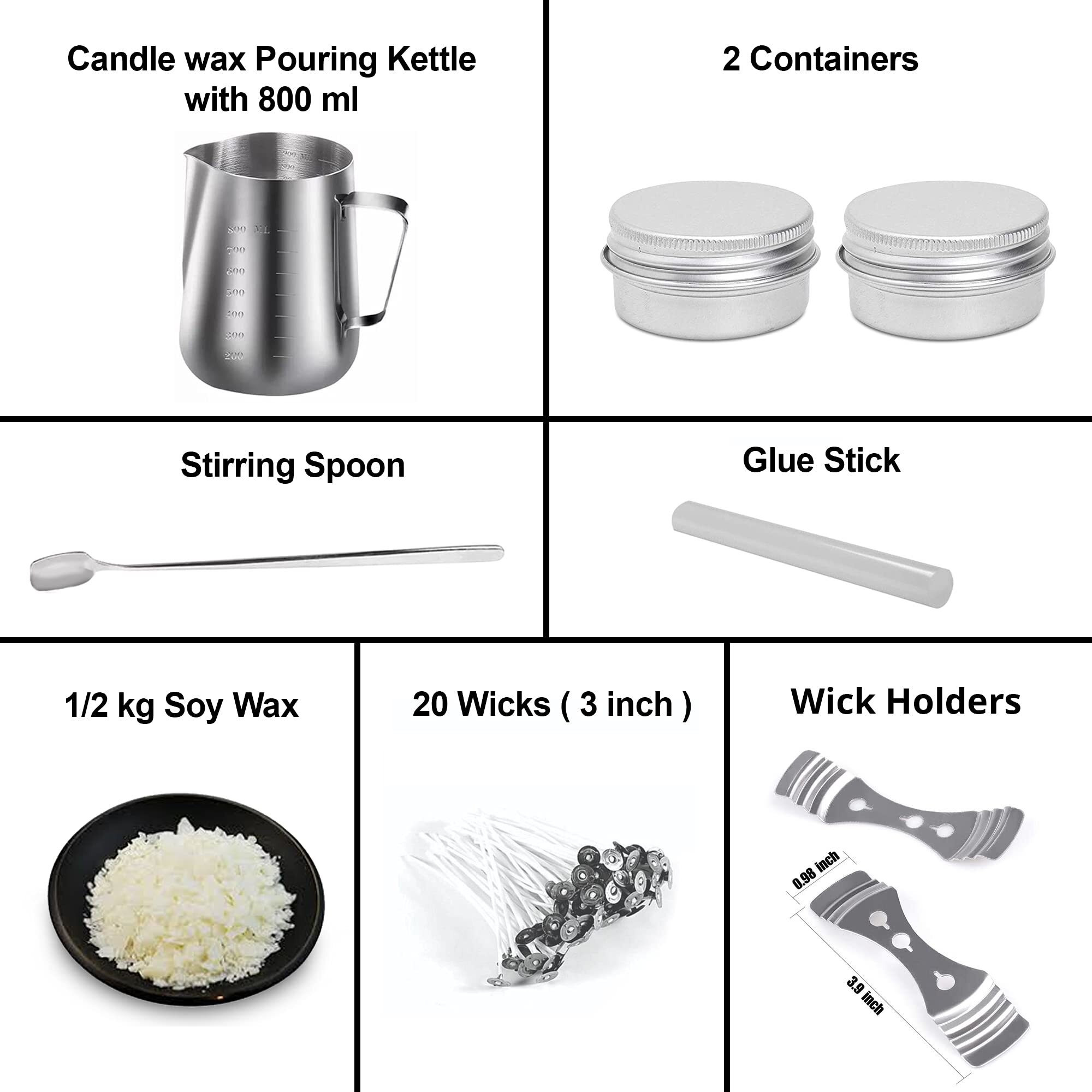 AuraDecor Candle Making Kit Includes 1 Wax Pouring Kettle (800ml),1/2 Kg Soy Wax, 20 Wick (3 inch),1 Glue Stick, 1 Stirring Spoon & 2 Containers & 2 Wick Holders)