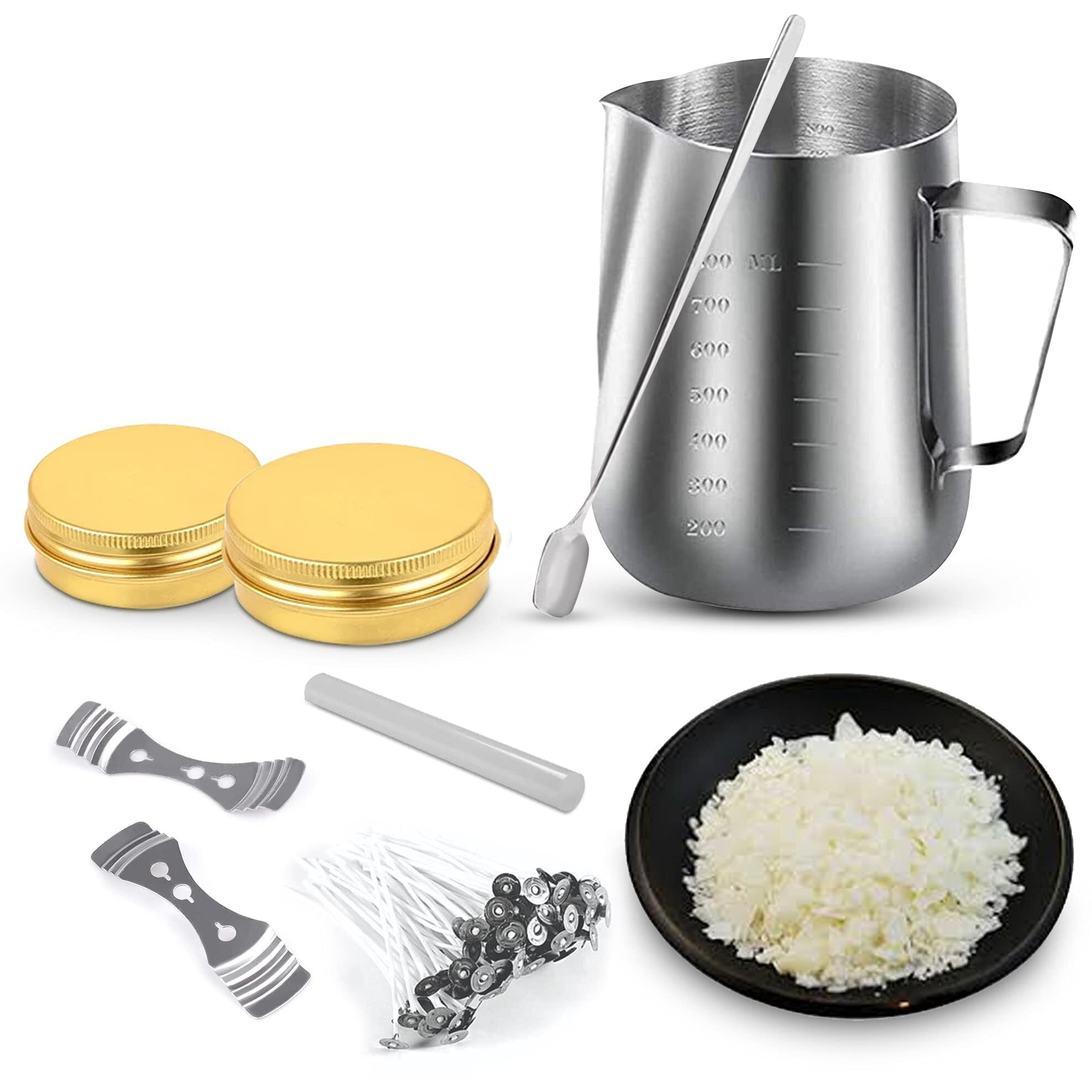AuraDecor Candle Making Kit for DIY Projects, (includes 1 Wax Pouring Kettle (800ml), 1/2 Kg Soy Wax, 20 Wick (3 inch), 1 Glue Stick, 1 Stirring Spoon & 2 Containers & 2 Wick Holders) (Gold)