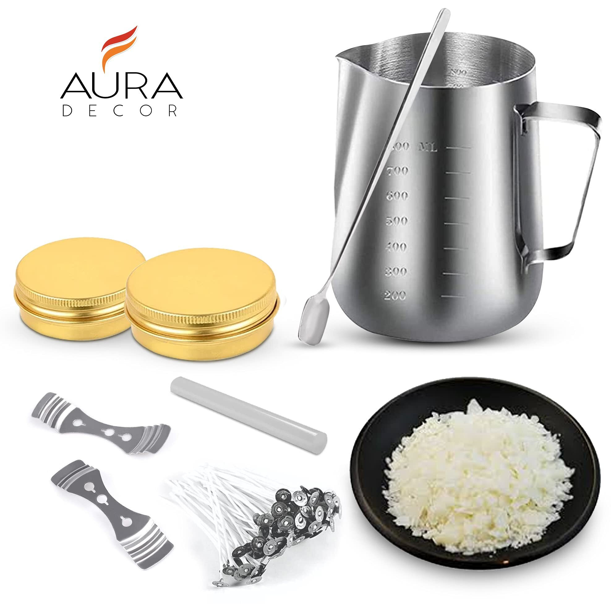 AuraDecor Candle Making Kit for DIY Projects, (includes 1 Wax Pouring Kettle (800ml), 1/2 Kg Soy Wax, 20 Wick (3 inch), 1 Glue Stick, 1 Stirring Spoon & 2 Containers & 2 Wick Holders) (Gold)