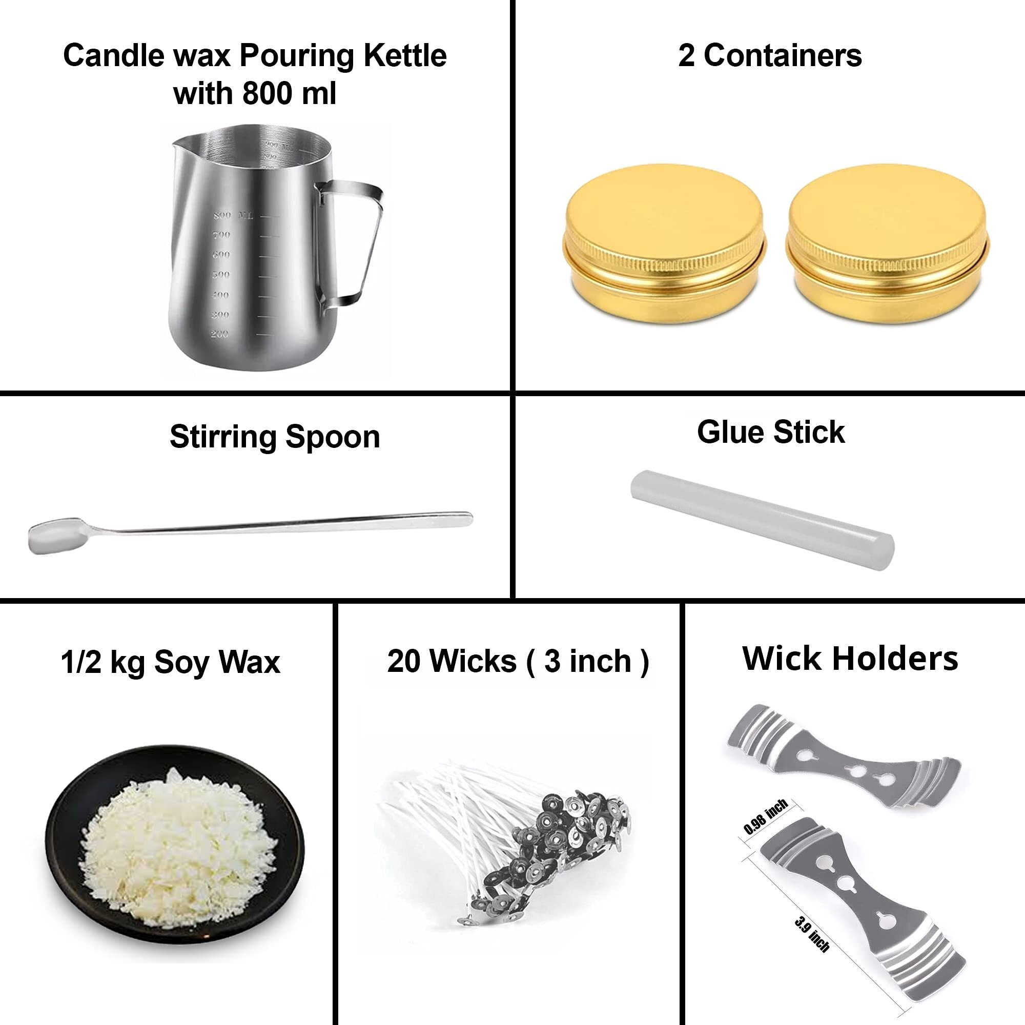 AuraDecor Candle Making Kit for DIY Projects, (includes 1 Wax Pouring Kettle (800ml), 1/2 Kg Soy Wax, 20 Wick (3 inch), 1 Glue Stick, 1 Stirring Spoon & 2 Containers & 2 Wick Holders) (Gold)