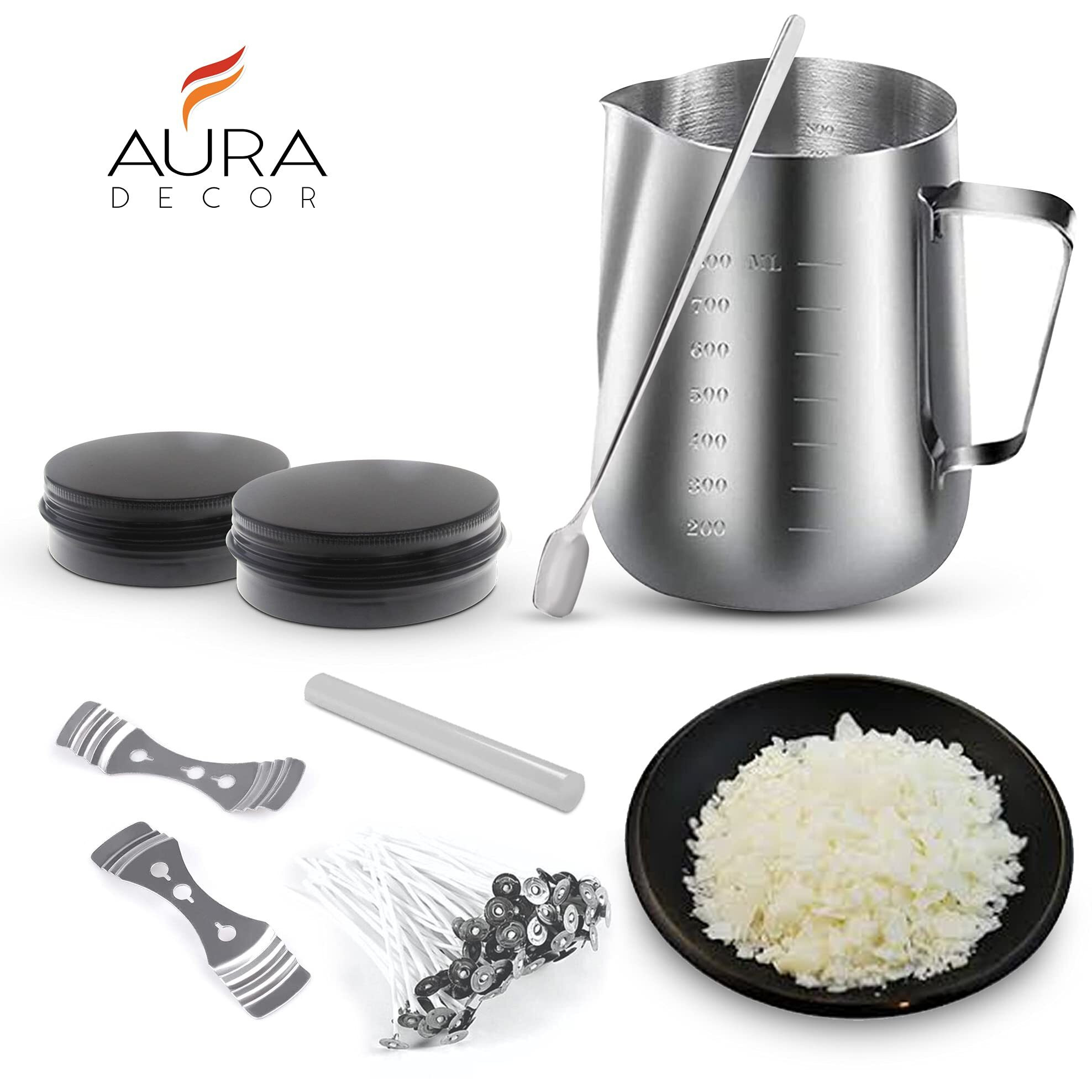 AuraDecor Candle Making Kit for DIY Projects, (includes 1 Wax Pouring Kettle (800ml), 1/2 Kg Soy Wax, 20 Wick (3 inch), 1 Glue Stick, 1 Stirring Spoon & 2 Containers & 2 Wick Holders) (Black)