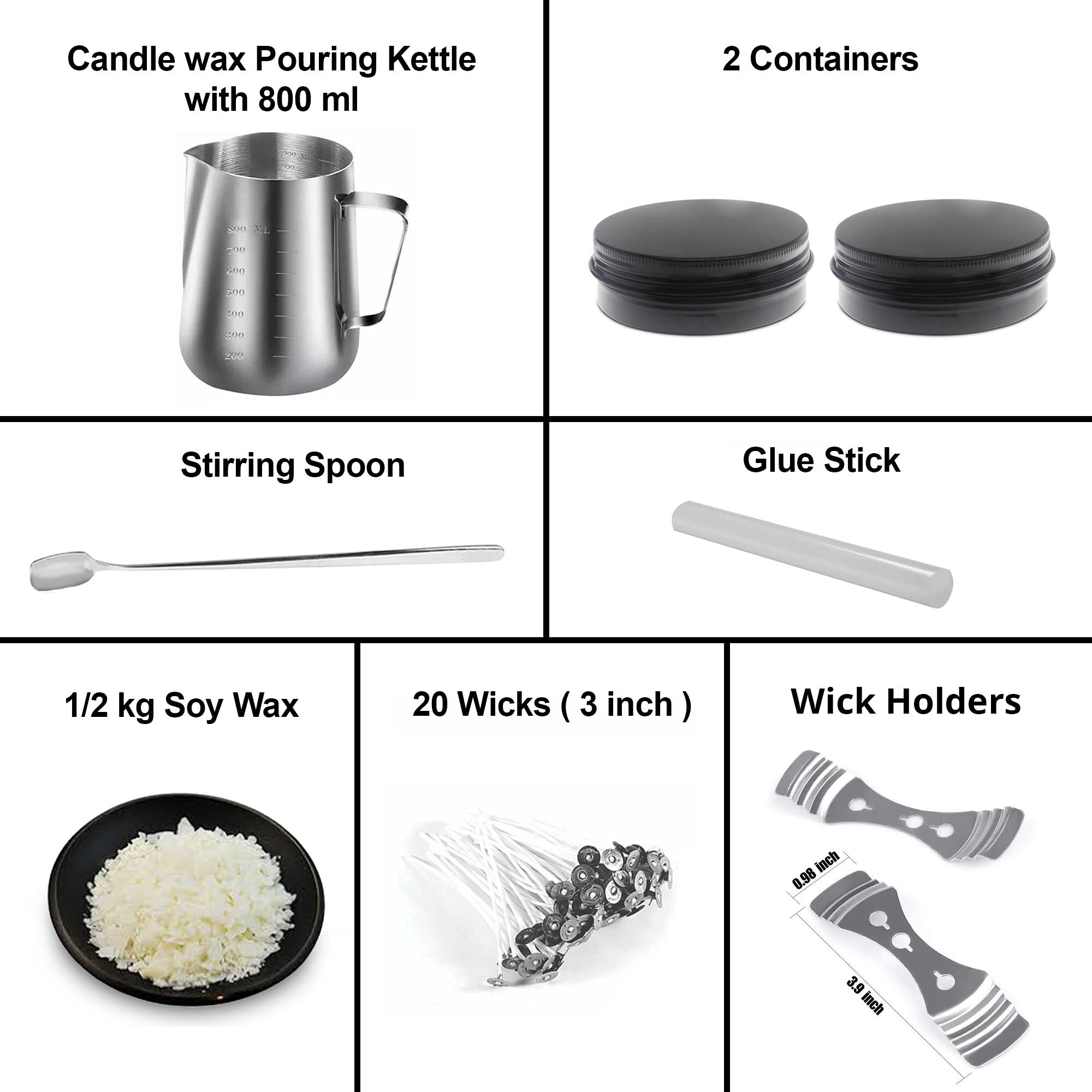 AuraDecor Candle Making Kit for DIY Projects, (includes 1 Wax Pouring Kettle (800ml), 1/2 Kg Soy Wax, 20 Wick (3 inch), 1 Glue Stick, 1 Stirring Spoon & 2 Containers & 2 Wick Holders) (Black)