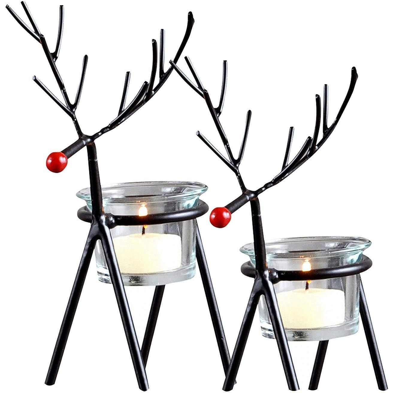 TIED RIBBONS Set of 2 Christmas Reindeer Tealight Candle Holders with Glass Holders - Christmas Decorations items for Home Church Table Decoration Indoor Outdoor Xmas Decor Gifts (Iron)