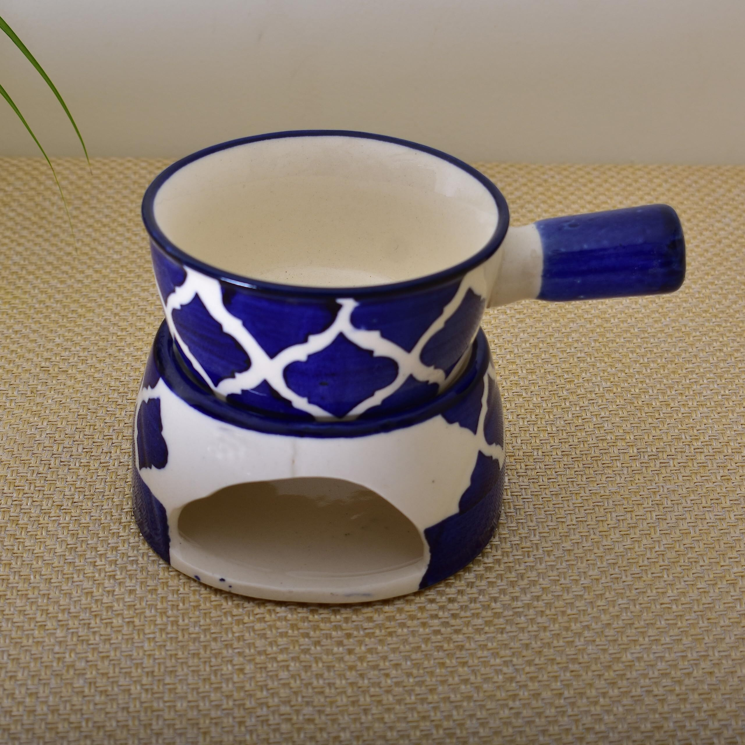 KunhaR Ceramic Fondue Set (1 Piece of Fondue Set, 2 Tea Light Candle), Blue Chidi