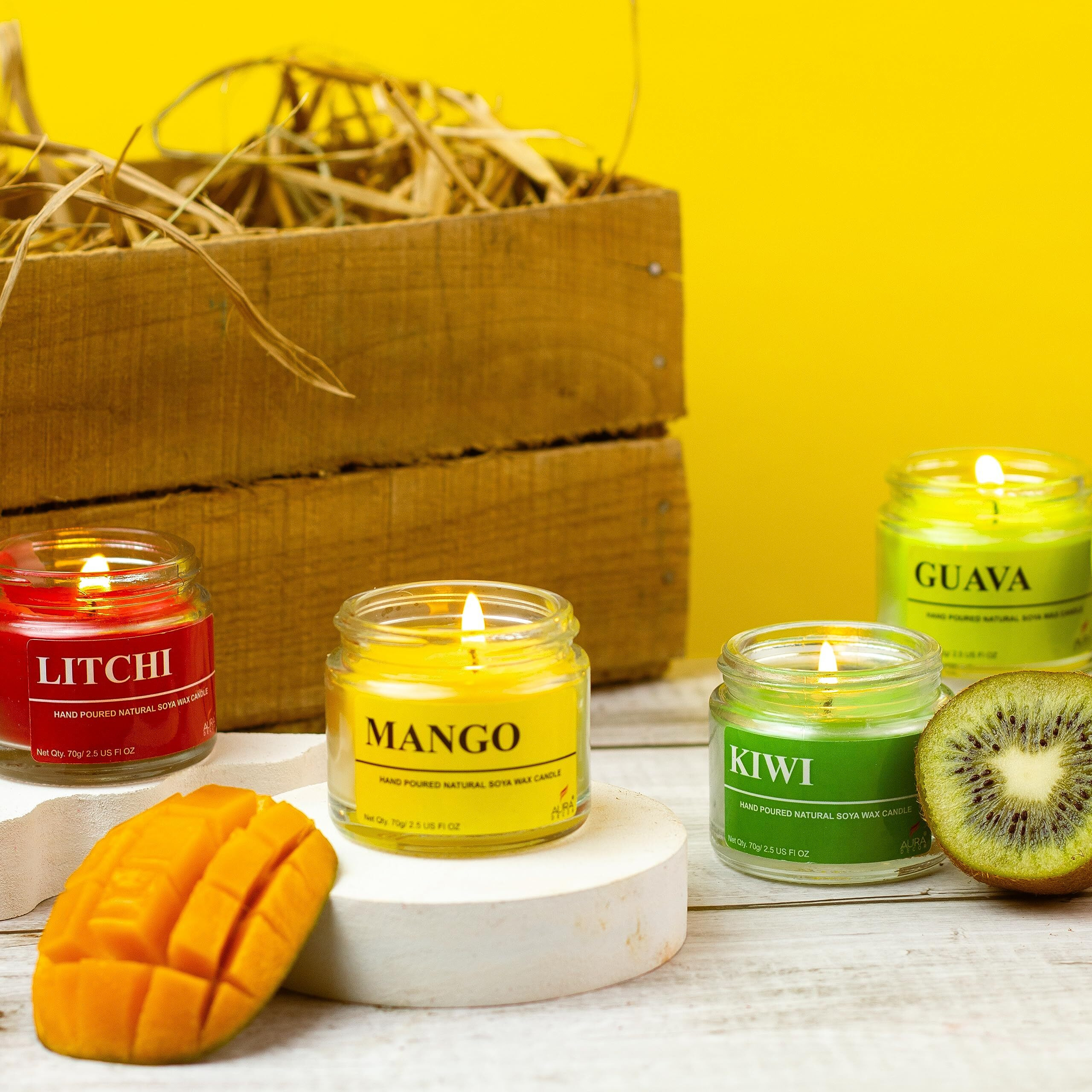 AuraDecor Fragrance Soy Wax Jar Candle || Summer Special || Fruity Fragrance || Soy Wax || Handpoured || Votive Candle || Burning Time 20 Hours Each || Mango, Litchi, Guava, Kiwi (Pack of 4)