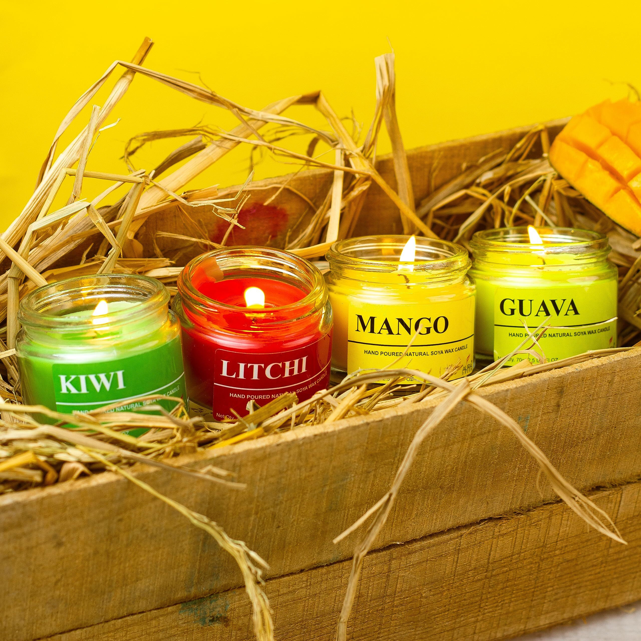 AuraDecor Fragrance Soy Wax Jar Candle || Summer Special || Fruity Fragrance || Soy Wax || Handpoured || Votive Candle || Burning Time 20 Hours Each || Mango, Litchi, Guava, Kiwi (Pack of 4)