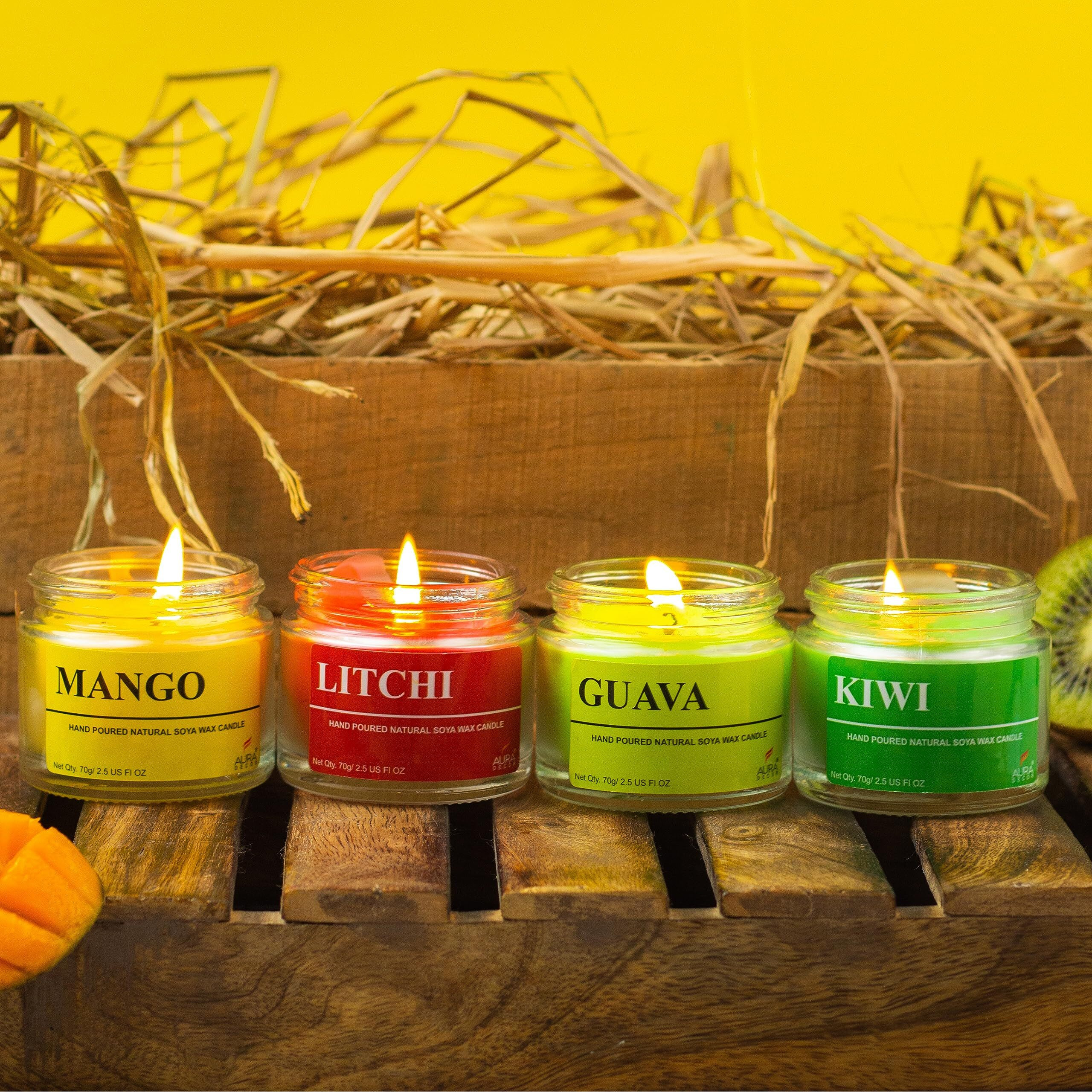AuraDecor Fragrance Soy Wax Jar Candle || Summer Special || Fruity Fragrance || Soy Wax || Handpoured || Votive Candle || Burning Time 20 Hours Each || Mango, Litchi, Guava, Kiwi (Pack of 4)