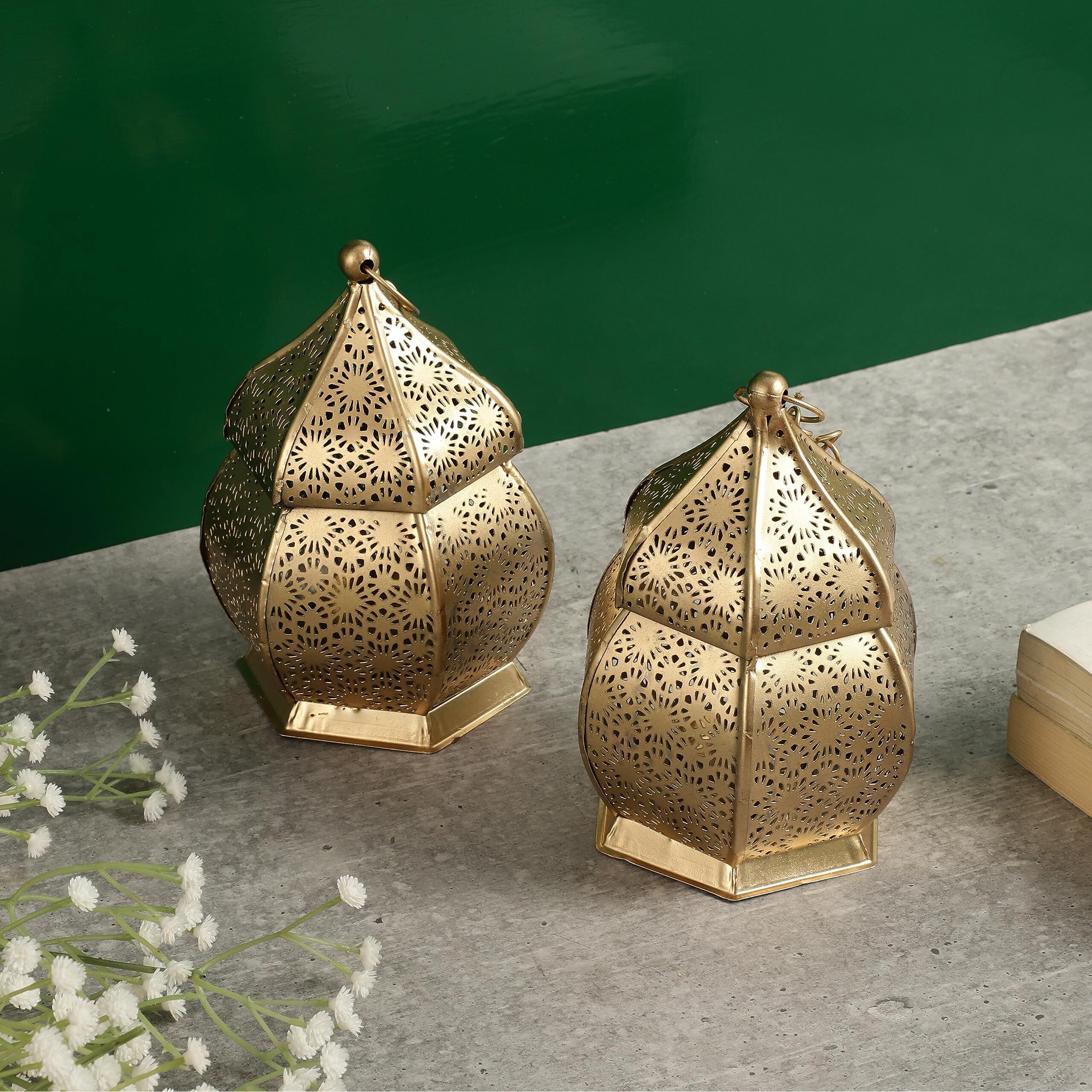 Purestory Lanterns for Home Decor | Lantern for Candle | Antique Metal Lantern and Hanging Tealight Holder for Home Decor Items | Lantern for Diwali | Gold Moroccan Hanging Lantern | Size 6 Inches