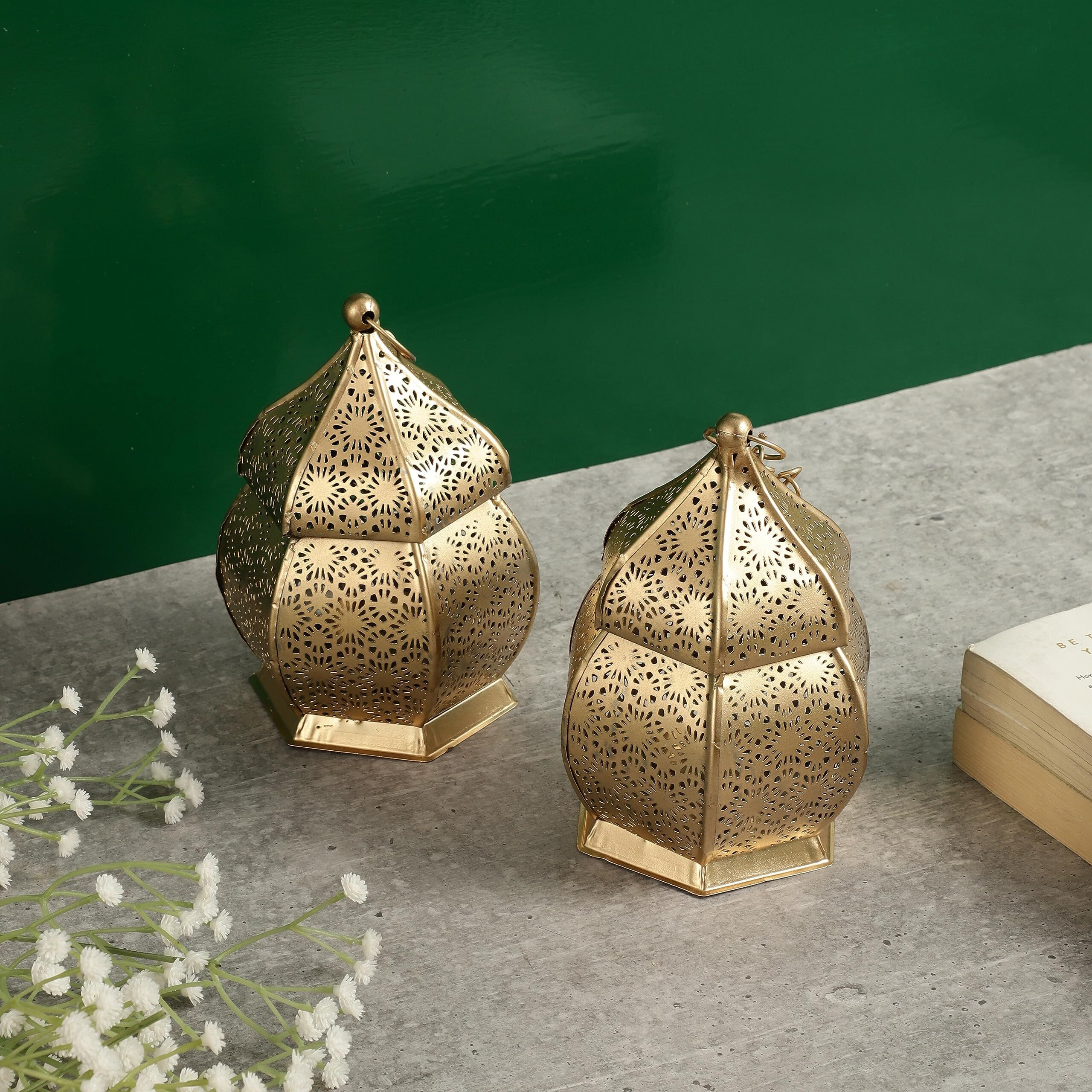 Purestory Lanterns for Home Decor | Lantern for Candle | Antique Metal Lantern and Hanging Tealight Holder for Home Decor Items | Lantern for Diwali | Gold Moroccan Hanging Lantern | Size 6 Inches