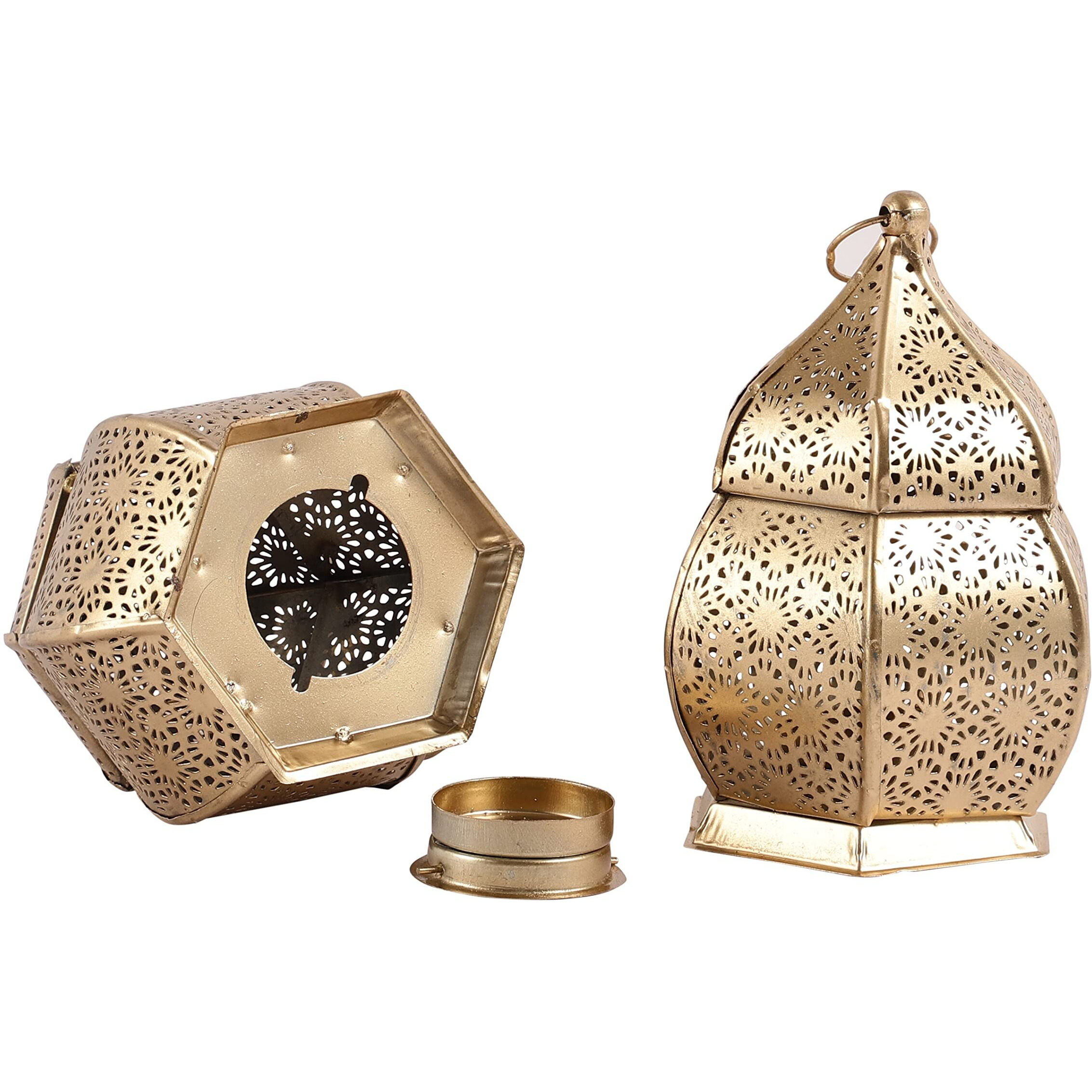 Purestory Lanterns for Home Decor | Lantern for Candle | Antique Metal Lantern and Hanging Tealight Holder for Home Decor Items | Lantern for Diwali | Gold Moroccan Hanging Lantern | Size 6 Inches