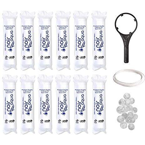Noir Aqua - 12pcs PP Spun Filter + 1 Spanner + 4 Antiscalant Balls + 2mtr Water Pipe | for All Types of RO Water purifiers - RO Spun Filter Cartridge Sponge Replacement Water Filter Candle