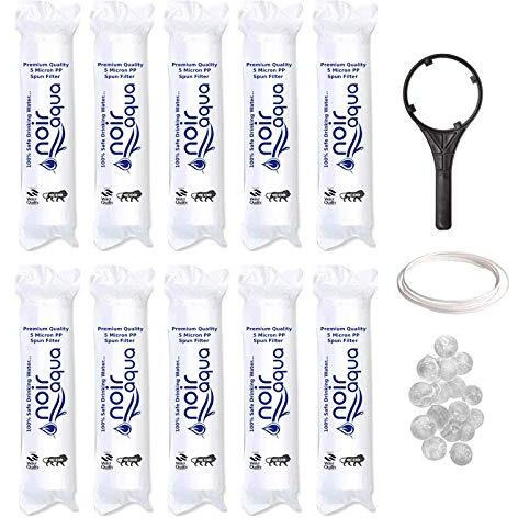 Noir Aqua 10pcs PP Spun Filter + 1 Spanner + 4 Antiscalant Balls + 2mtr 1/4 Water Pipe | for All Types of RO Water Purifiers - RO Spun Filter Cartridge Sponge Replacement Water Filter Candle