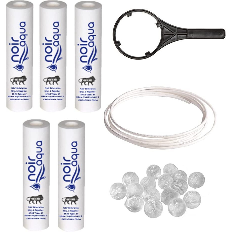 Noir Aqua 5pcs PP Spun Filter + 1 Spanner + 5pcs Antiscalant Balls + 2 Meter 1/4 Water Pipe | for All Types of RO Water purifiers, RO Spun Filter Cartridge Sponge Replacement Water Filter Candle