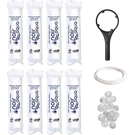 Noir Aqua 8pcs PP Spun Filter + 1 Spanner + 4 Antiscalant Balls + 2mtr 1/4 Food Grade Water Pipe | For all types of RO water purifiers- RO Spun Filter Cartridge Sponge Replacement Water Filter Candle