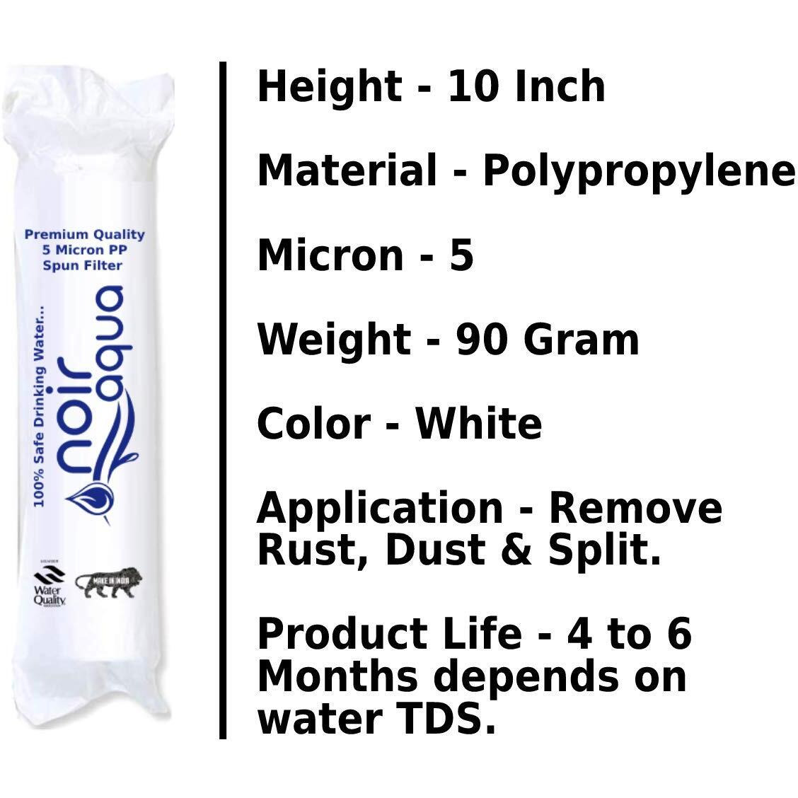 Noir Aqua 8pcs PP Spun Filter + 1 Spanner + 4 Antiscalant Balls + 2mtr 1/4 Food Grade Water Pipe | For all types of RO water purifiers- RO Spun Filter Cartridge Sponge Replacement Water Filter Candle