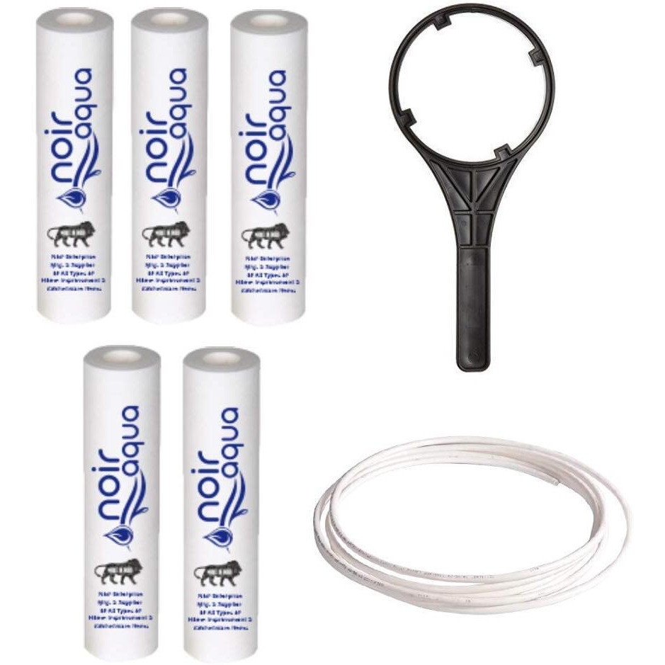 Noir Aqua RO Spun Filter Cartridge/Water Purifier Cartridge, Candle for All Type of RO Water purifiers (White, 10 Inch, 5 Micron) 5 PP Spun Filter + 1 Free Spanner + 2MTR 1/4 Water Pipe Tube