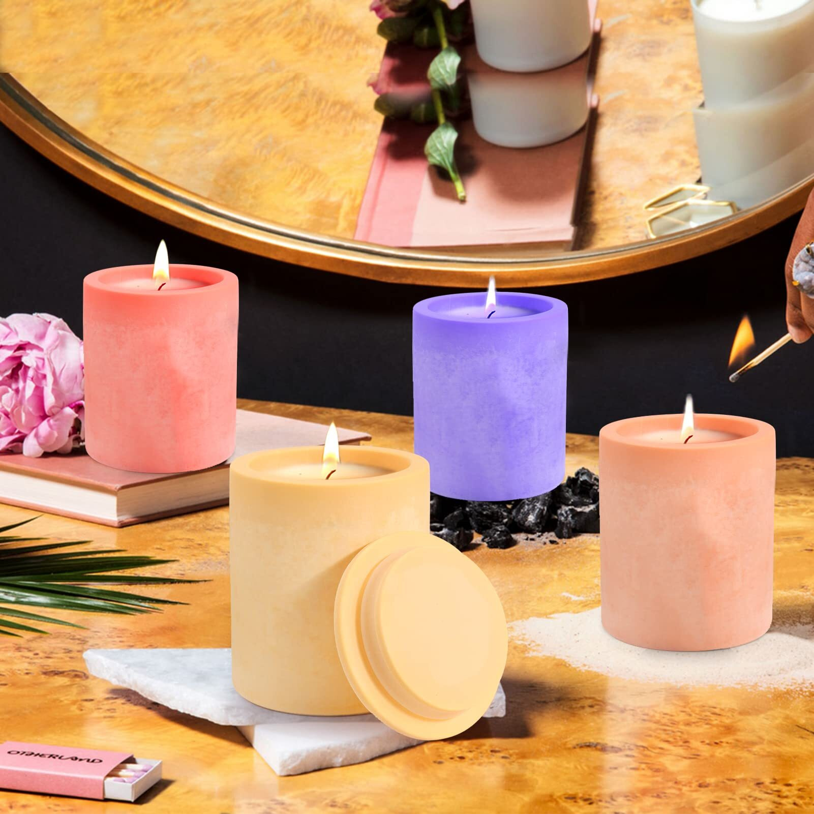 BABORUI Candle Jar Molds, Silicone Concrete Molds for Candle Holder with Lids, Candle Vessels Cement Molds for Candle Making Supplies