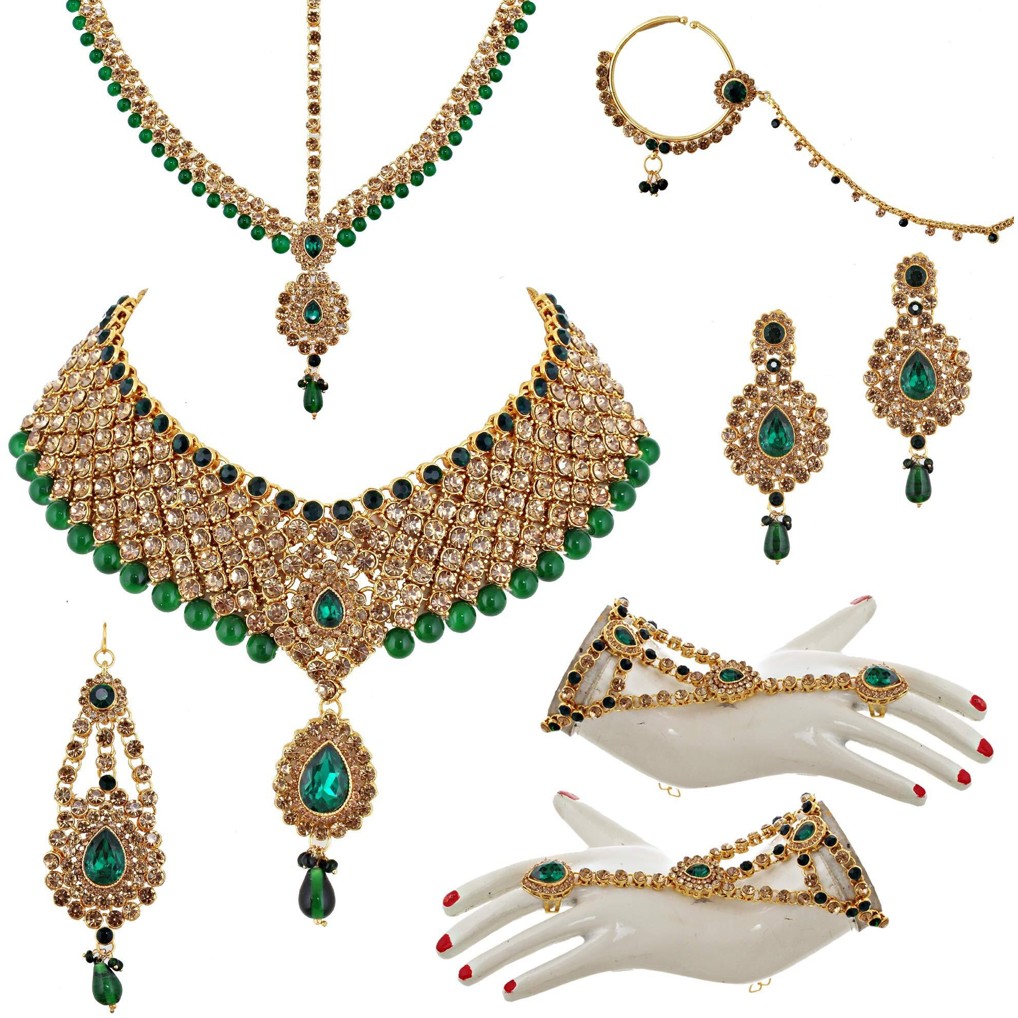 Lucky Jewellery Bridal Dulhan Designer 18k Gold Plated Gold Green Color Pearl Stone Set 8 pcs. for Women & Girls (3630-IZS-1611SM-LCT-G)