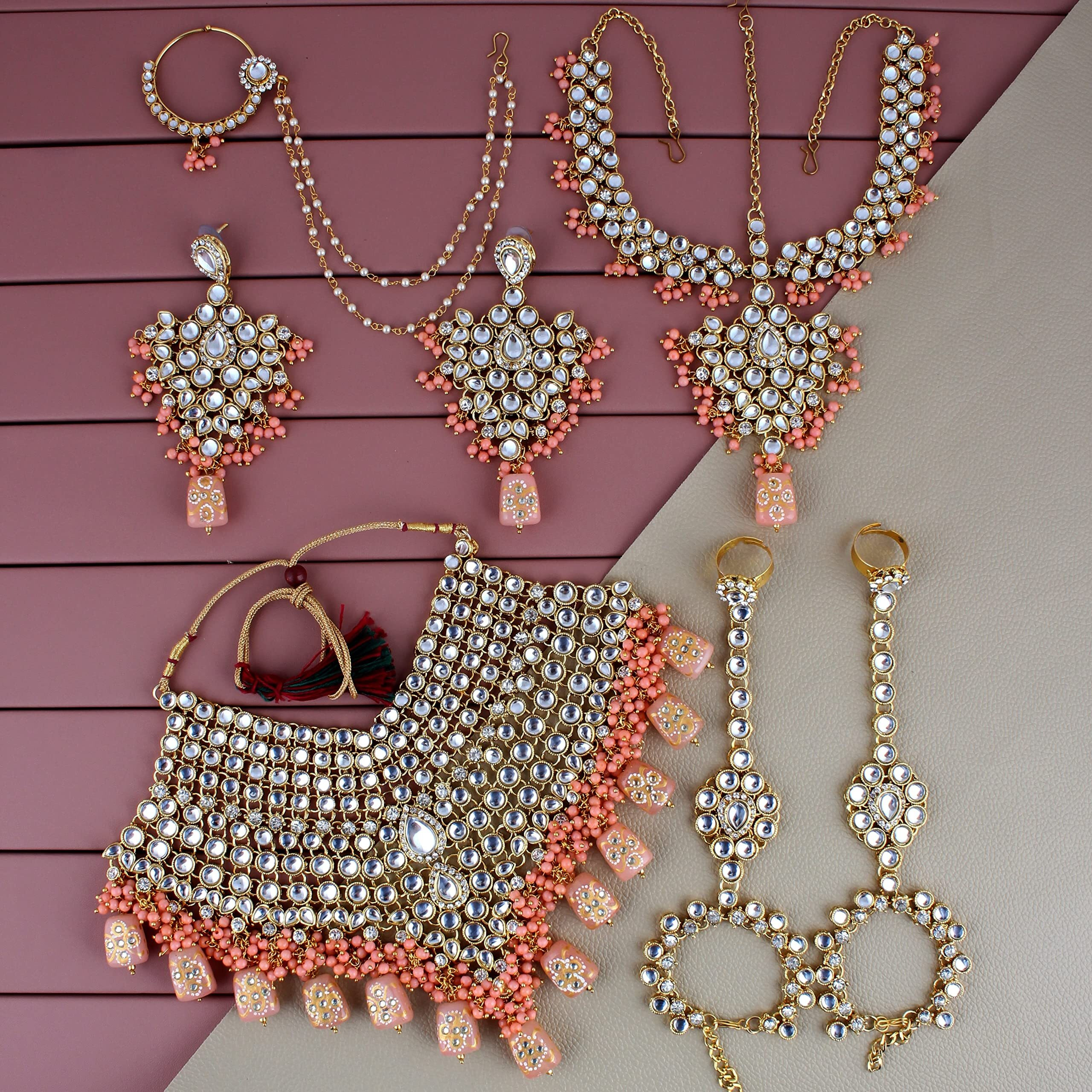 Lucky Jewellery Traditional 18k Gold Plated Peach Color Dulhan Choker Kundan Bridal Set (3324-L1ZK-KD124-PH) For Women