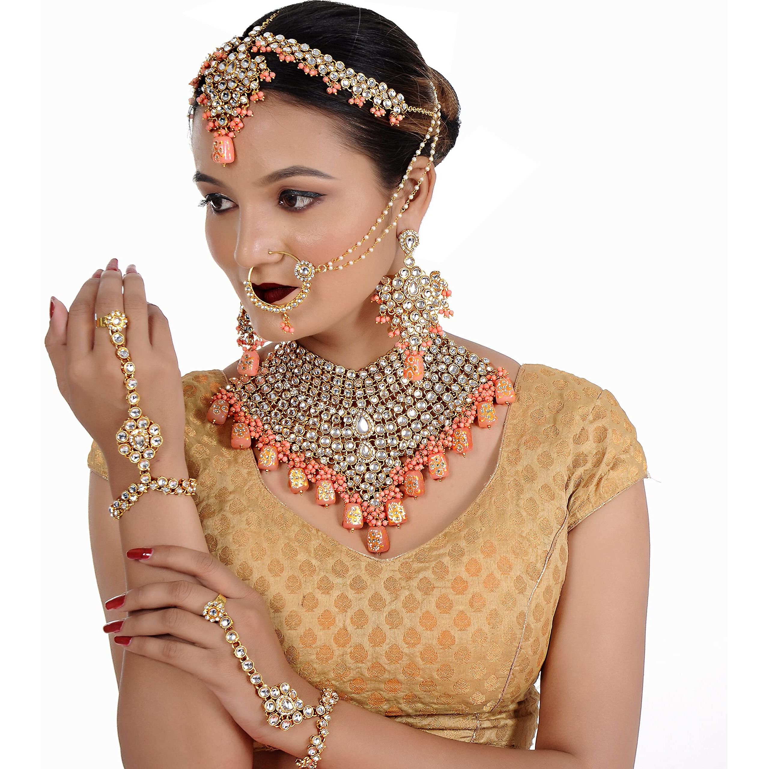 Lucky Jewellery Traditional 18k Gold Plated Peach Color Dulhan Choker Kundan Bridal Set (3324-L1ZK-KD124-PH) For Women