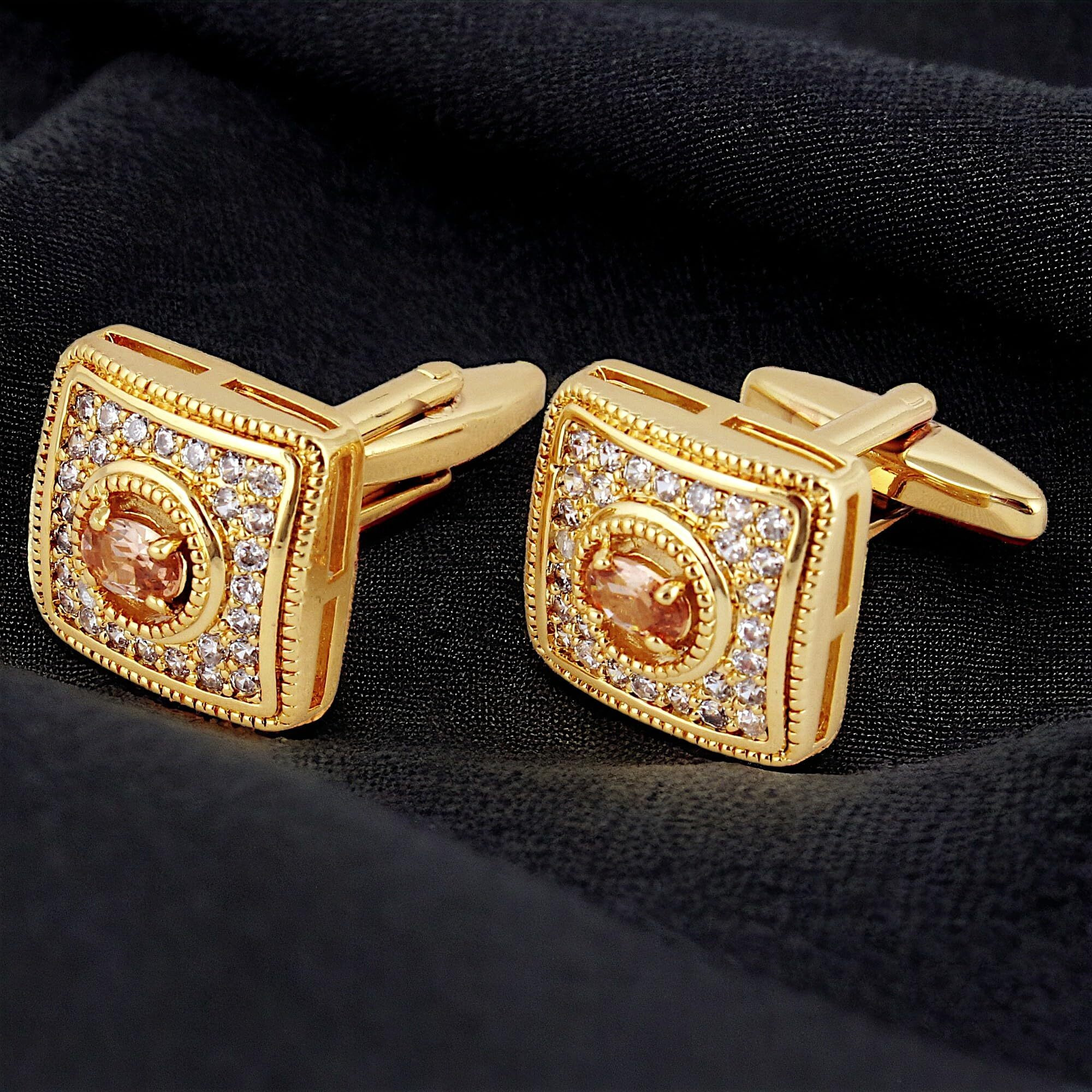 Lucky Jewellery Unique Men Jewelry Gold Plated Square Shape with AD Stones Sleeve Button Formal Cuff Button Wedding Shirt Button, Suit, Blazer Cufflinks Pair Gift Set For Men (460-CHC4-1081)